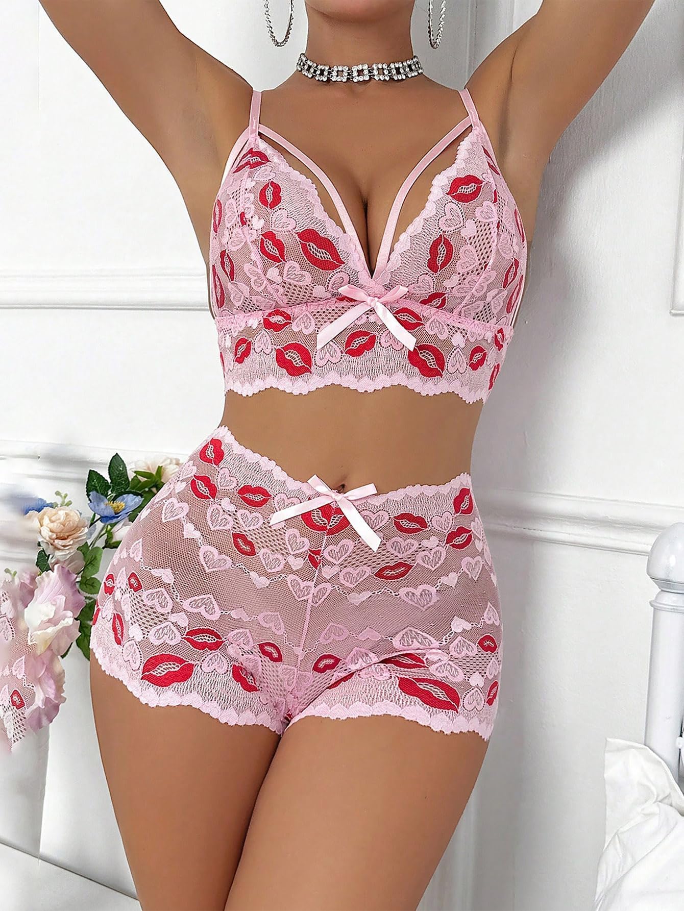 Foxiny Sexy High Waist Strappy Floral Lace Lingerie Set Bra and Panty Pajamas 2 Piece: X-Large Lip Pink