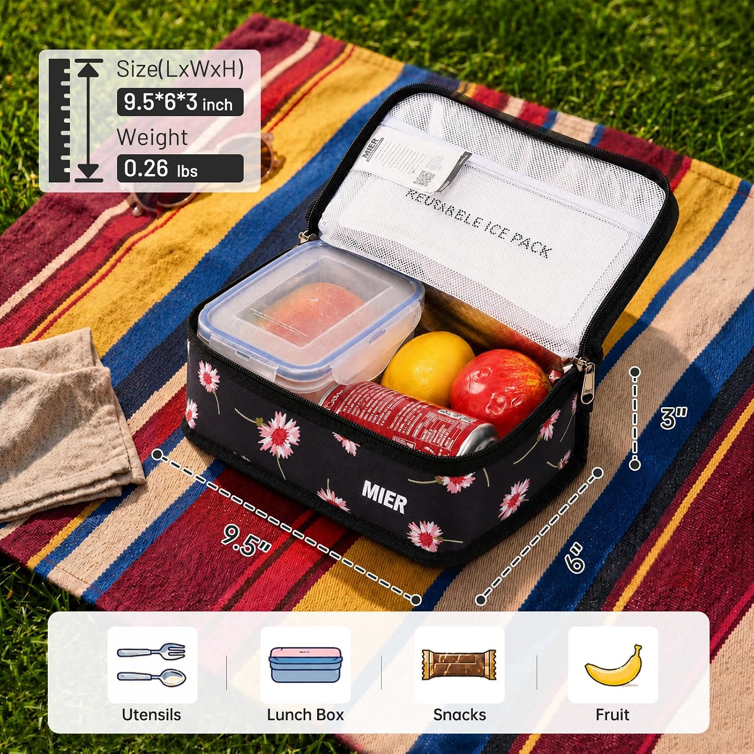 MIER Small Lunch Bag for Kids Compact Insulated Lunch Box, Black Floral image 2