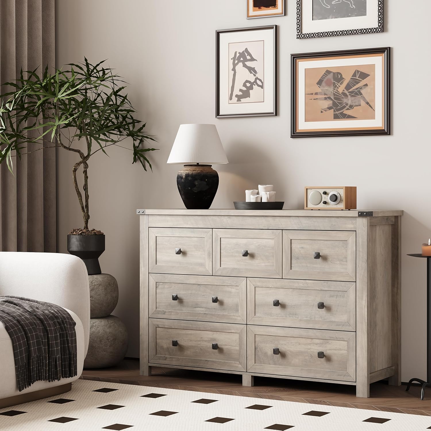 Dresser for Bedroom with 7 Drawers, Farmhouse Wood Chest of Drawers, Wide TV Stand Closet Storage Furniture with Metal Handle, Modern Clothes Organizer for Hallway, Living Room, Entryway, Light Grey