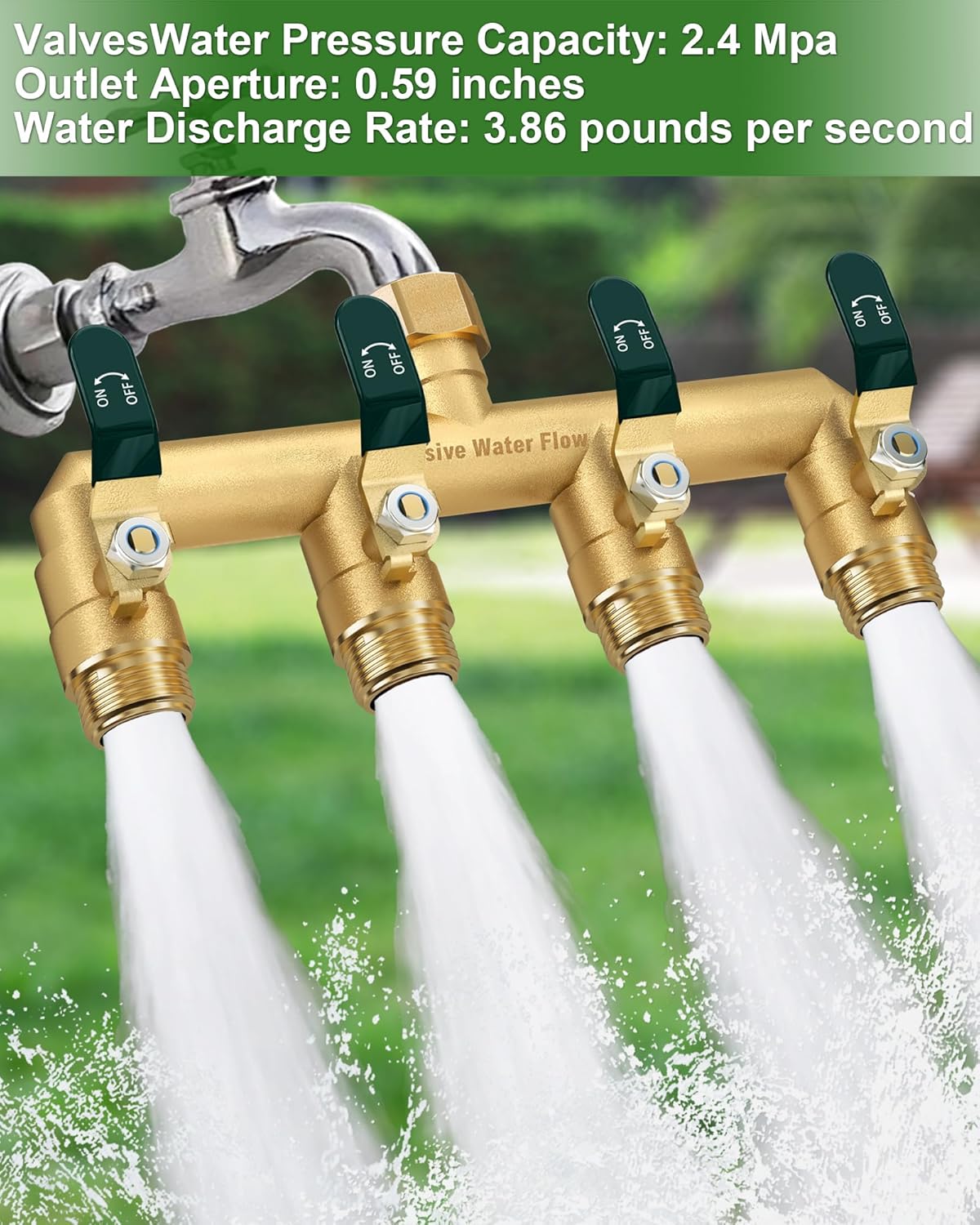 4 Way Hose Splitter, Heavy Duty Full Flow Garden Hose Splitter with 4 Large Metal Handles, Brass Water Hose Bib Splitter, T Adapter Connector with 3/4 - Inch GHT Thread (Green)