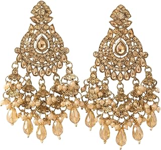 Outroyal Traditional Antique Gold-Tone Chandelier Earrings for Women – Brass Base with Champagne Crystals & Bead Droplets... Price In India