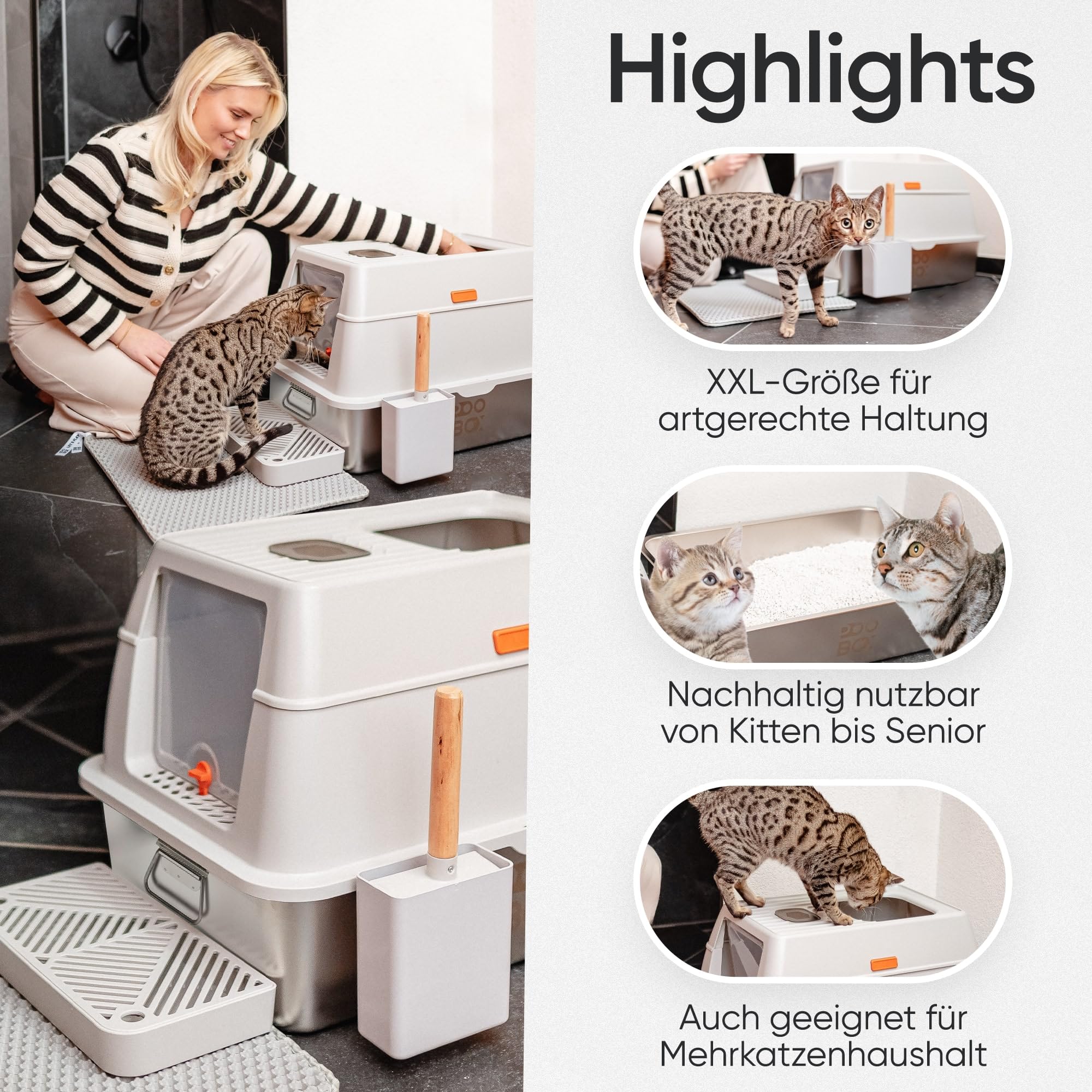 Katzenklo Edelstahl mit Deckel, 60x40, grau, auslaufsicher, Zubehör | 3-in-1 Katzentoilette geschlossen offen, Geruchsfilter, Hop in, Schaufel, Matte und Stufe, geruchsarm, hoher Rand
