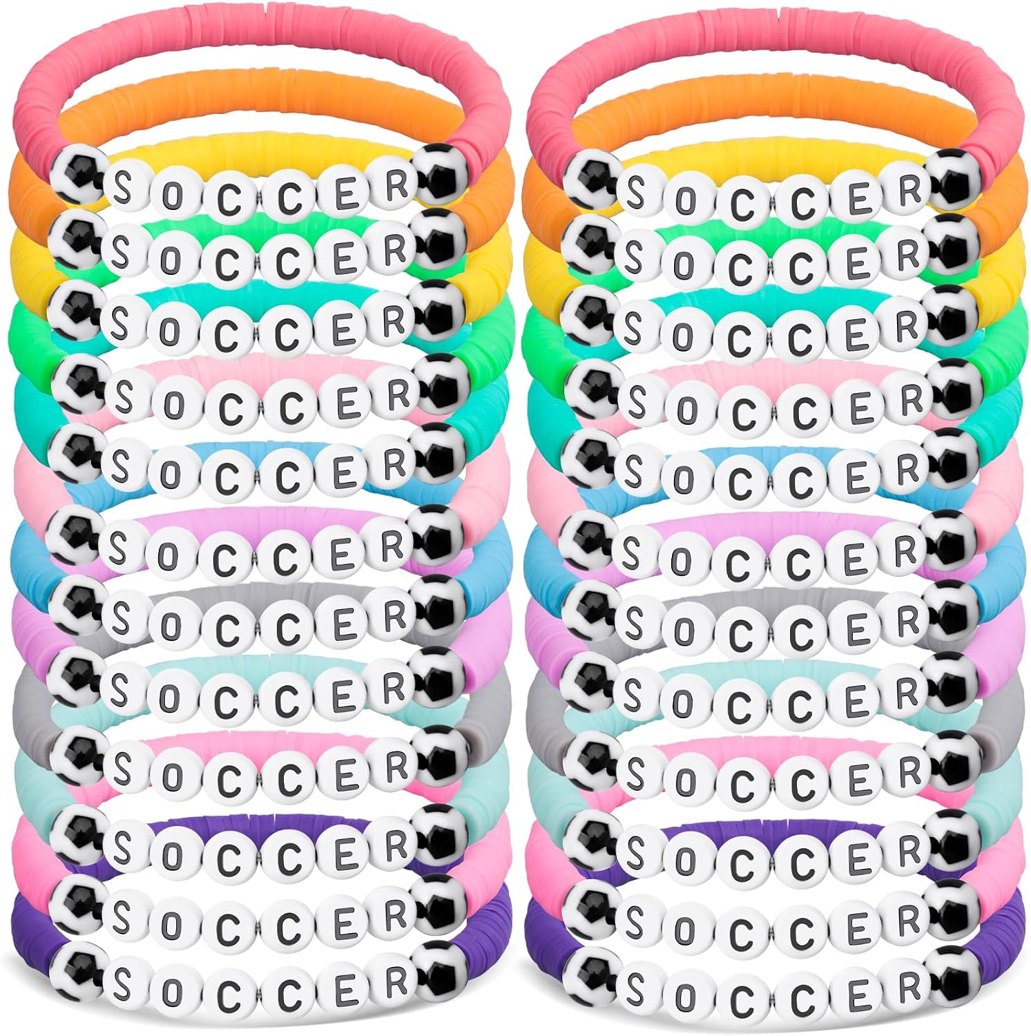 24PCs Soccer Bracelets Soccers Charm Bracelets Clay Bead Stretch Stackable Bracelet for Teens Men Women (Soccer-A)