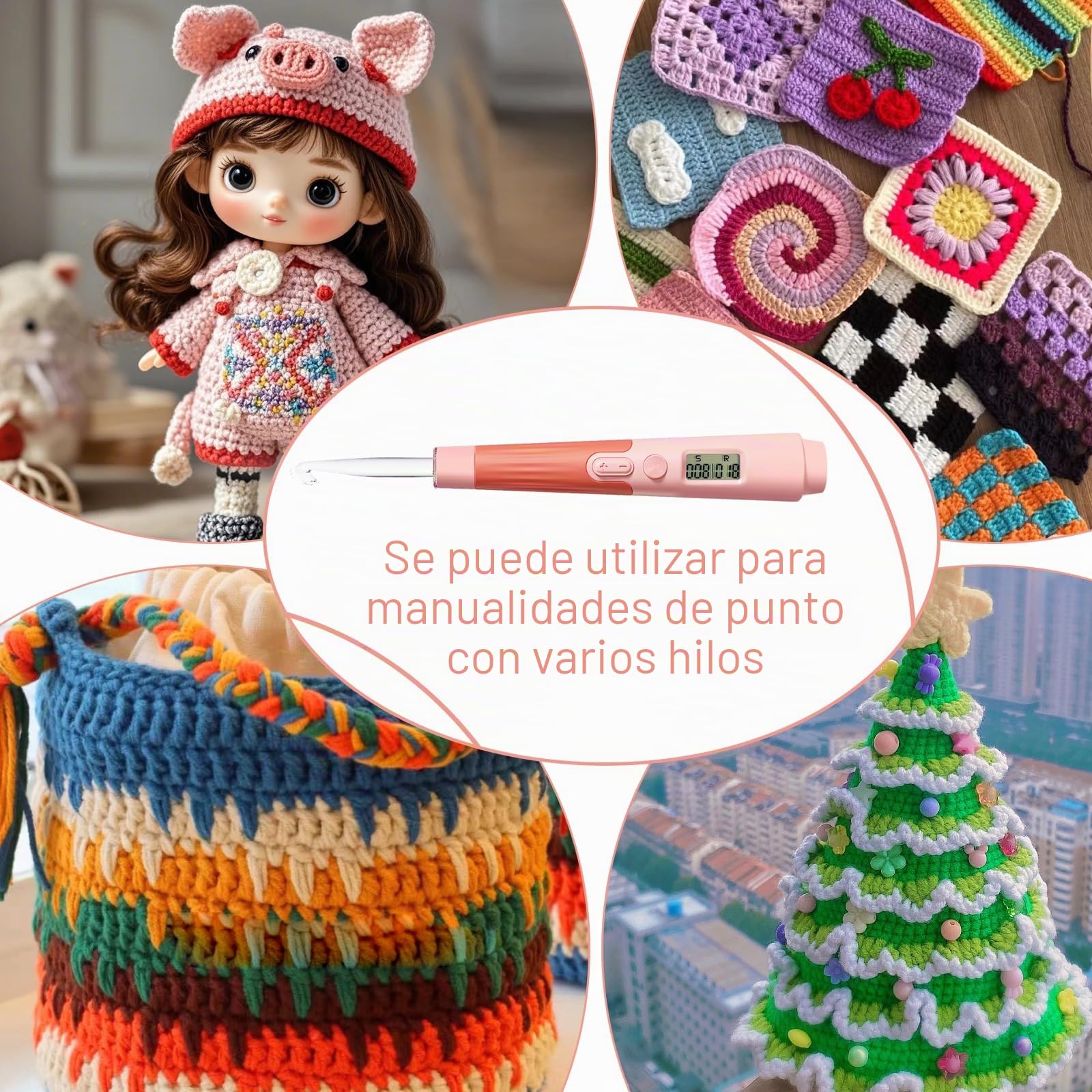 Transplant Juego de agujas de ganchillo 18 en 1 con luz LED con mostrador, llaves y bolsa de almacenamiento, tamaños de 2 a 14 mm, material rosa, plástico y metal, perfecto para principiantes y