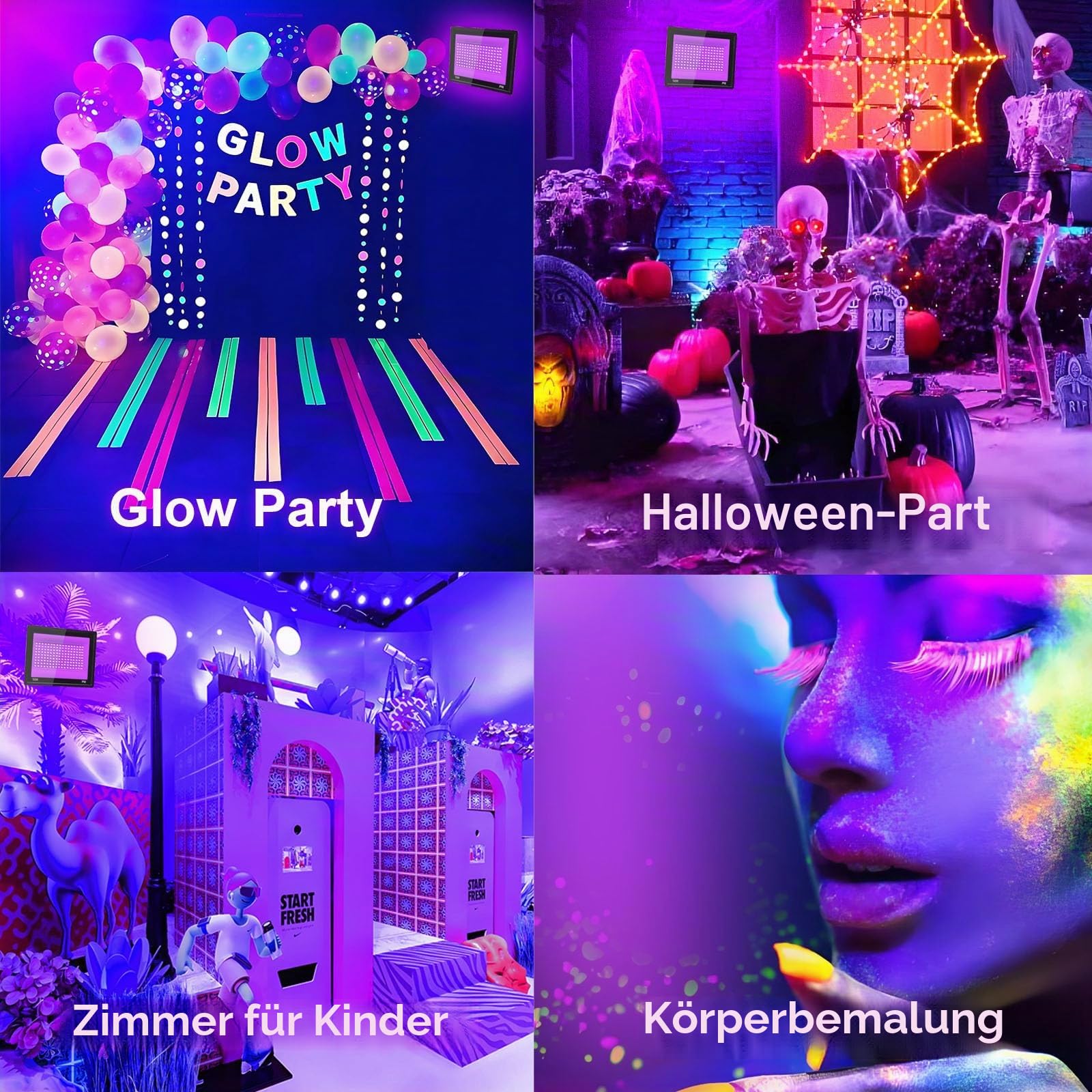 2 Stück 300W LED Schwarzlicht Strahler, IP66 UV Schwarzlicht Fluter, 395-400nm LED UV Strahler, UV Licht mit Schalter Für Halloween Dekorationen,Party Deko, Weihnachten, Neon Glühparty, Körperbemalung
