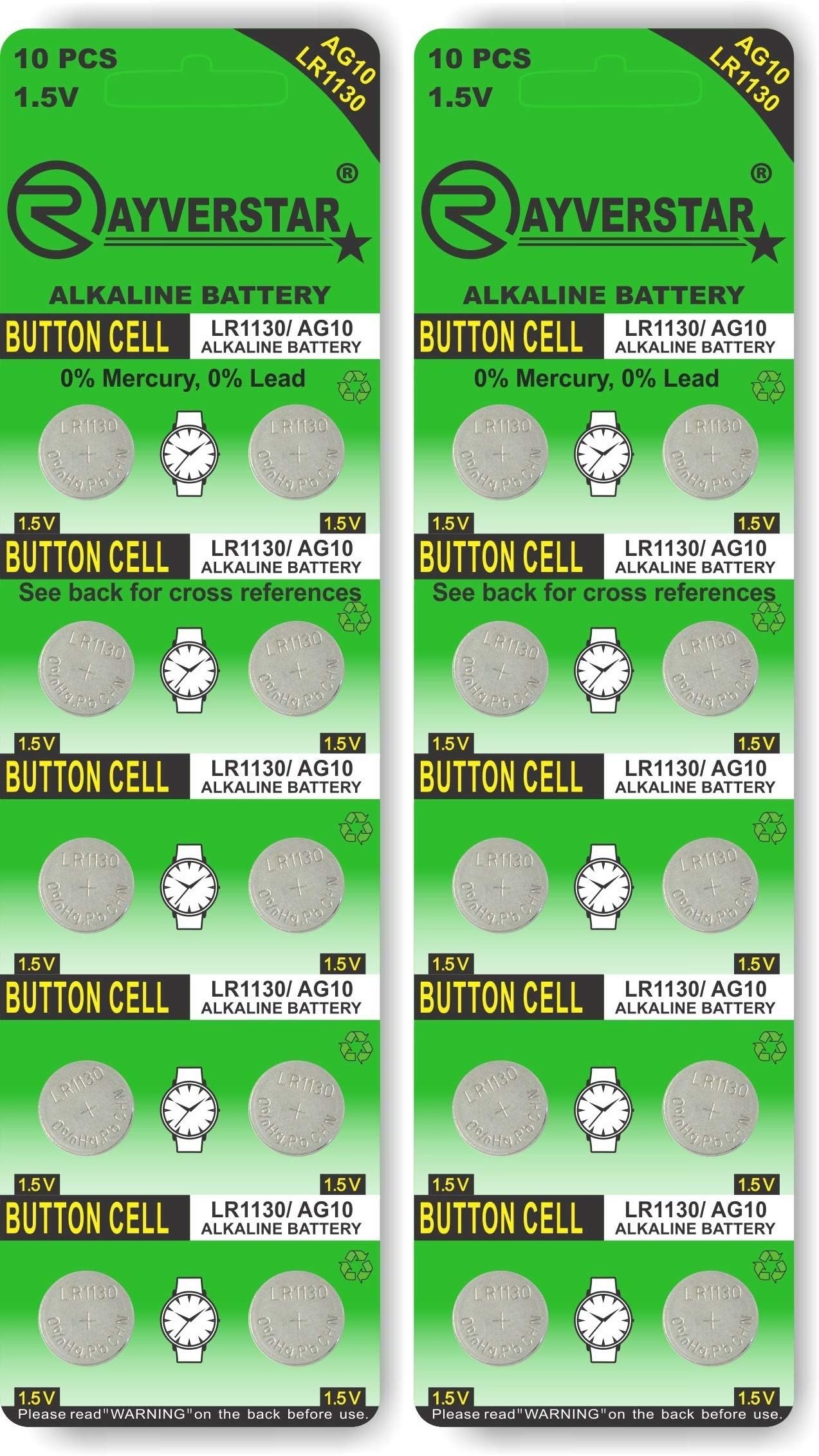 Rayverstar LR1130 AG10 1.5V Alkaline, 20 Batteries Fits: L1131, 189, 389, 390, 534, 554, 603 (Full List Below)
