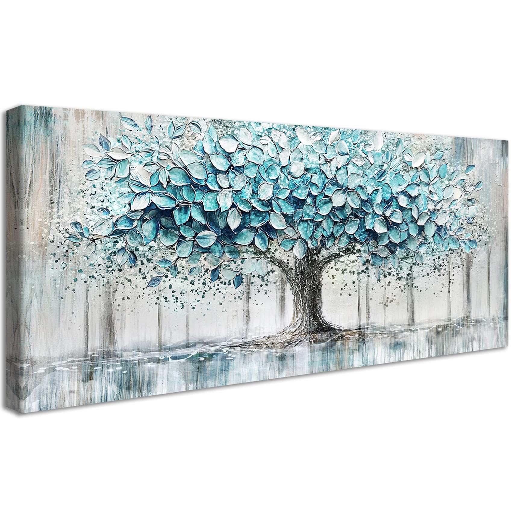 Framed Large Canvas Wall Art For Living Room Teal Blue Tree of Life Painting Wall Decor For Bedroom Abstract Panoramic Landscape Picture Poster Landscape Canvas Prints Artwork Office Decor 50x120cm