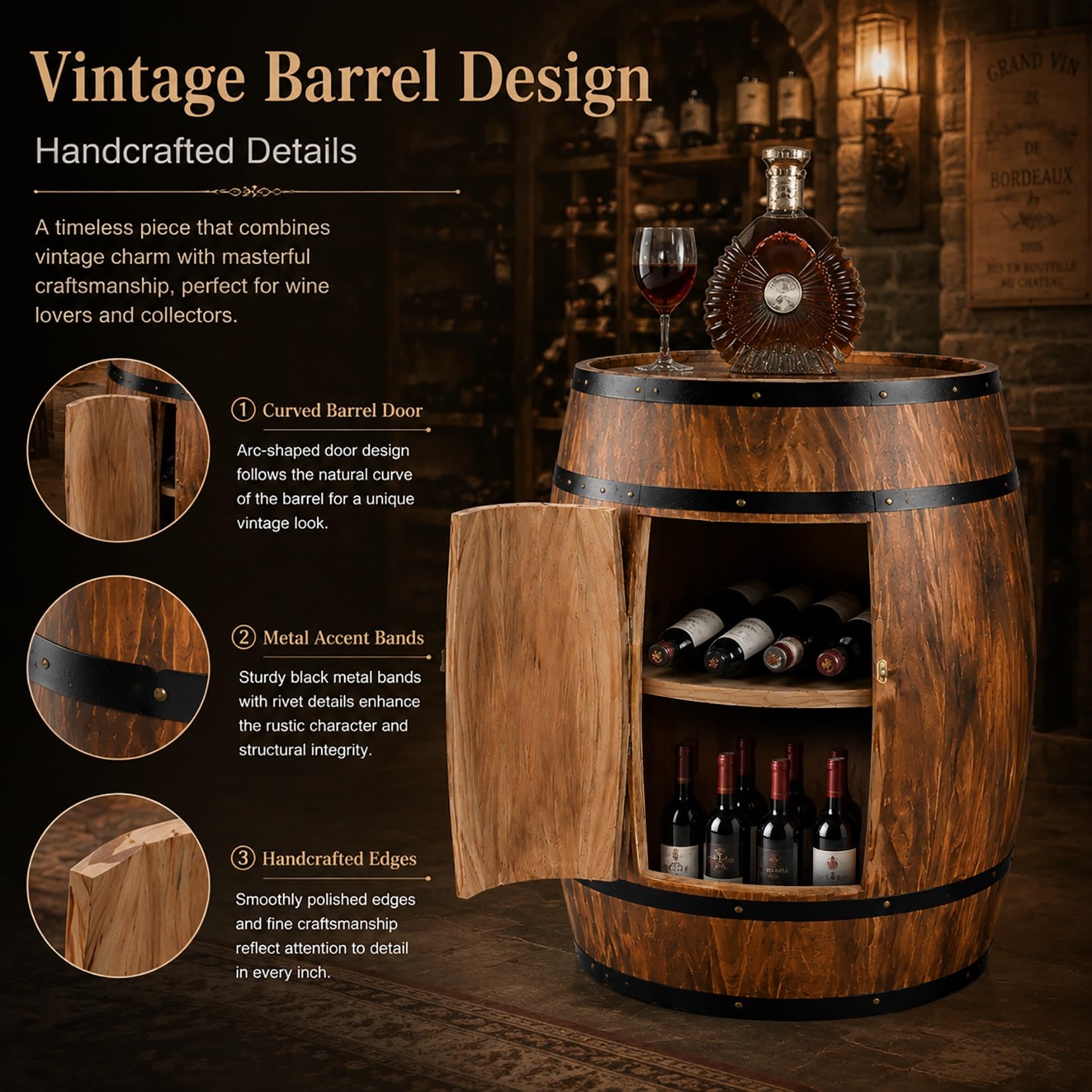 Mesa Barril Madera Maciza con Puerta, Mueble Bar Barril De Vino