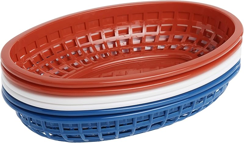TableCraft BBQ1074RWB 6-Piece Classic Oval Plastic Basket | Chip Holders for Parties | Plastic Food Serving Trays | Small Serving Containers | Bread Trays for Restaurants & Table | Red, White & Blue