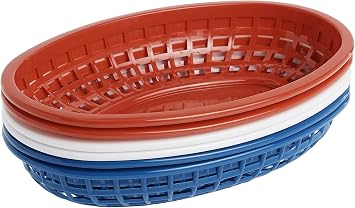 TableCraft BBQ1074RWB 6-Piece Classic Oval Plastic Basket | Chip Holders for Parties | Plastic Food Serving Trays | Small Serving Containers | Bread Trays for Restaurants & Table | Red, White & Blue
