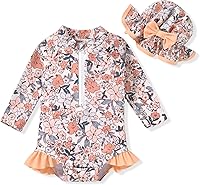 Vista 15 de Aalizzwell Traje de baño de una pieza de manga larga con sombrero para bebé niña Sirena cian