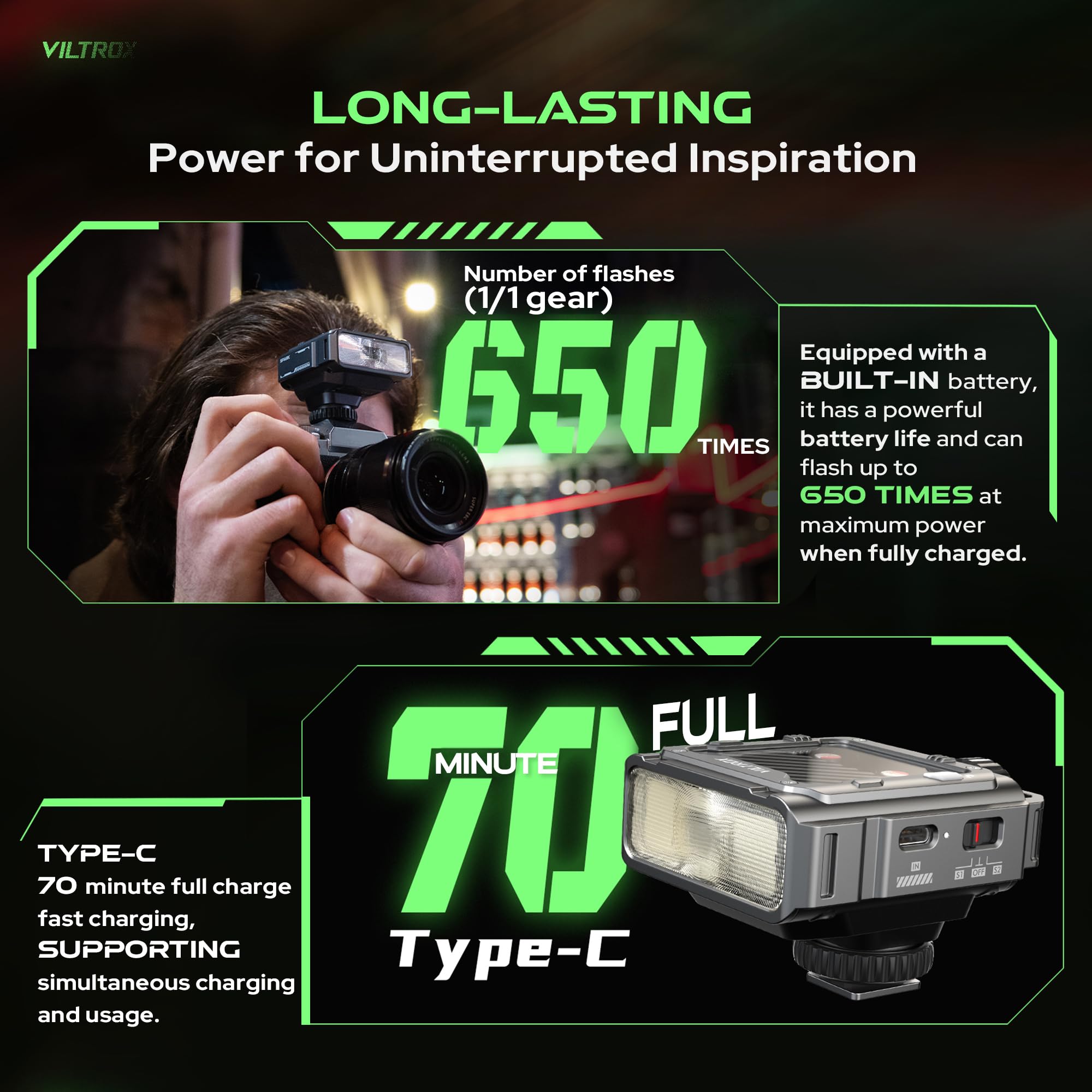 VILTROX Spark Z3 TTL - Mini flash per fotocamera, 26 W, 7 livelli 1s, ricicla GN16, design Cyber Mech, colore grigio, per Nikon)