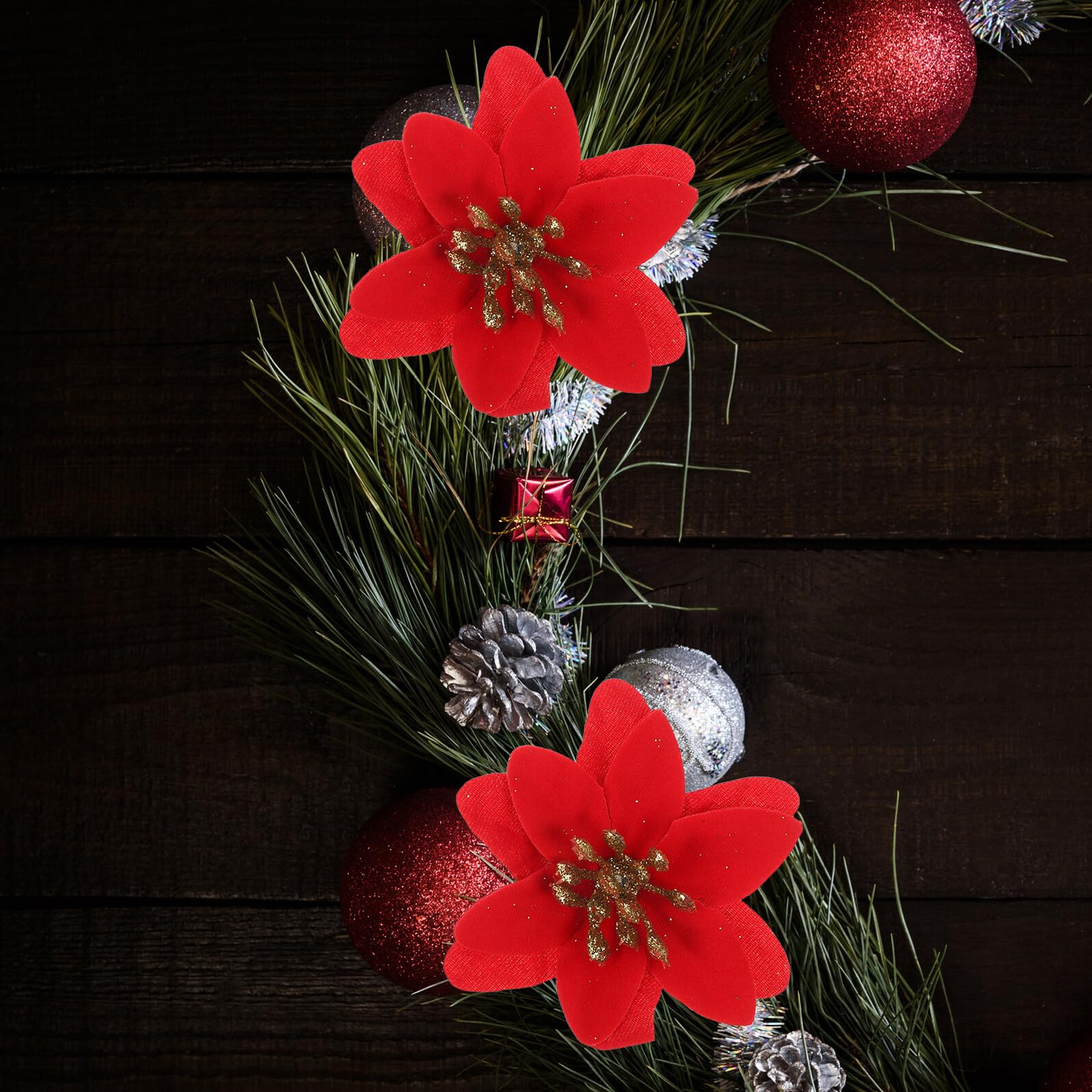 Angoily de Flores Artificiales Rojas Material Plástico y Tela de Lentejuelas 10 Piezas para Adornos Navideños Ideales para Guirnaldas y Festivales Hogar