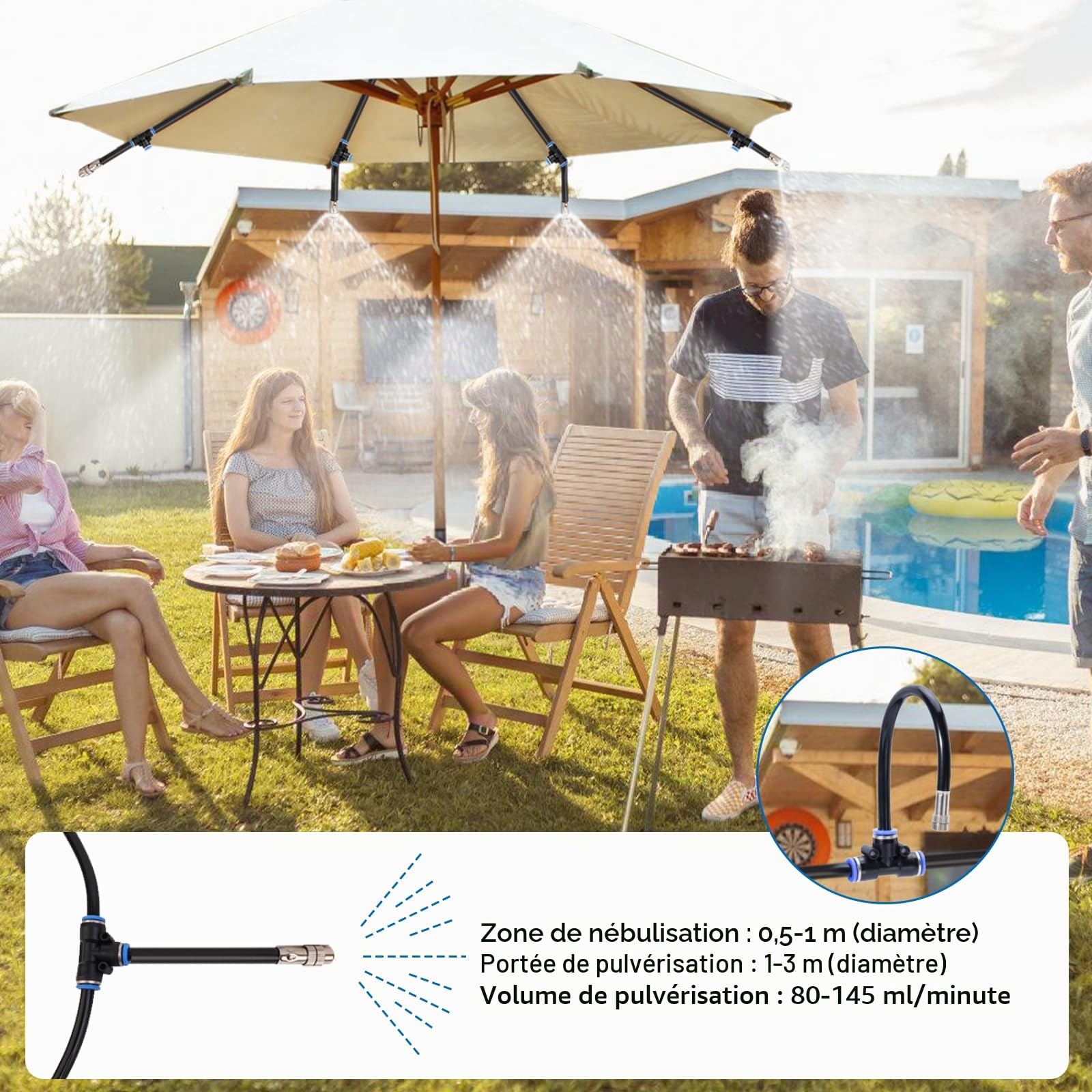 10M Brumisateur Terrasse, Système de Brumisation Extérieur Terrasse avec 10 Pièce Direction Réglable Buse +1 Pièce Adaptateur 3/4", Kit de Tuyau Brumisateur Jardin pour Parasol, Piscine