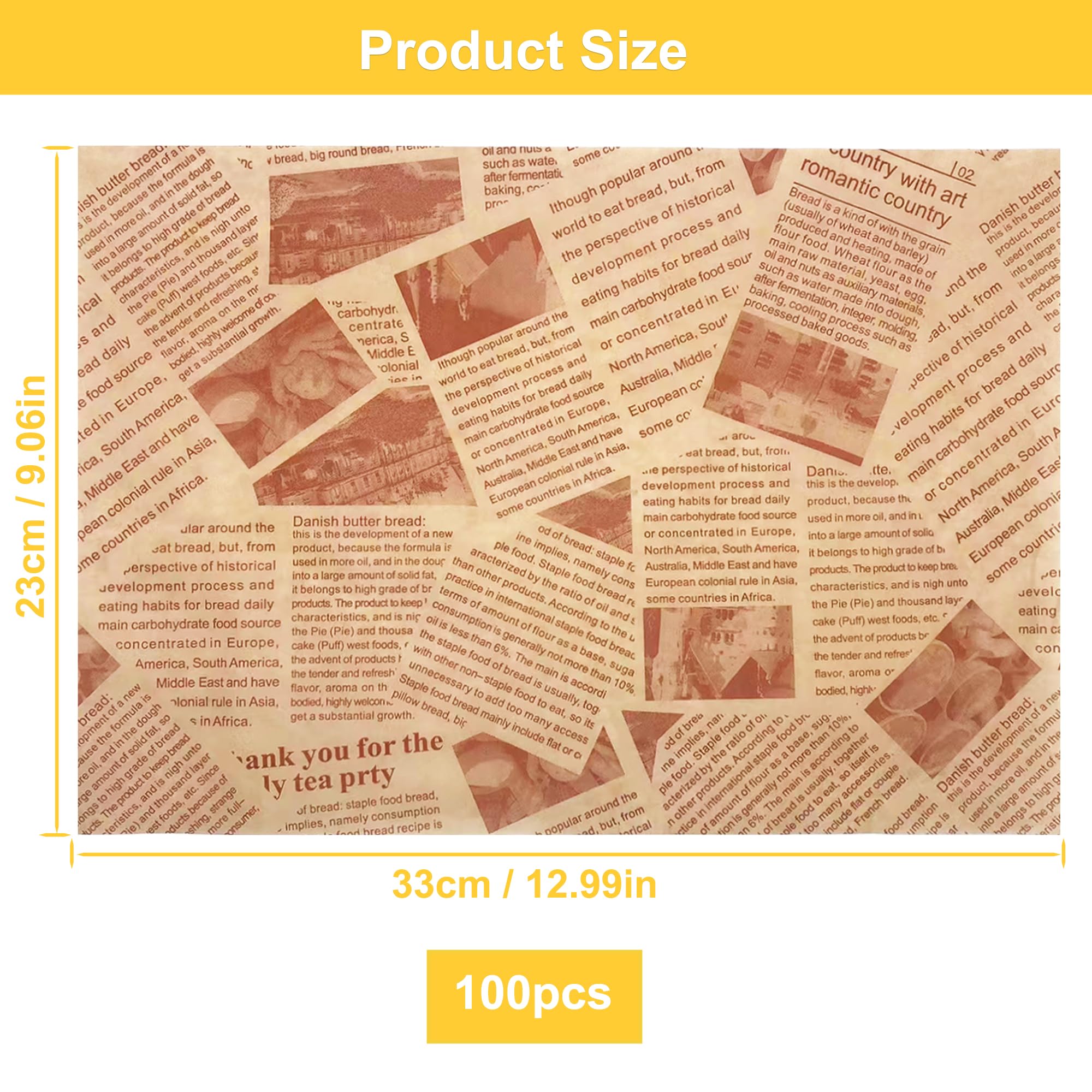 100 Feuilles De Papier Sulfurisé Kraft 25x25 Cm - Style Journal Vintage - Résistant à L'huile Et à L'eau - Pour Hamburgers, Frites, Sandwiches, Présentation - 6