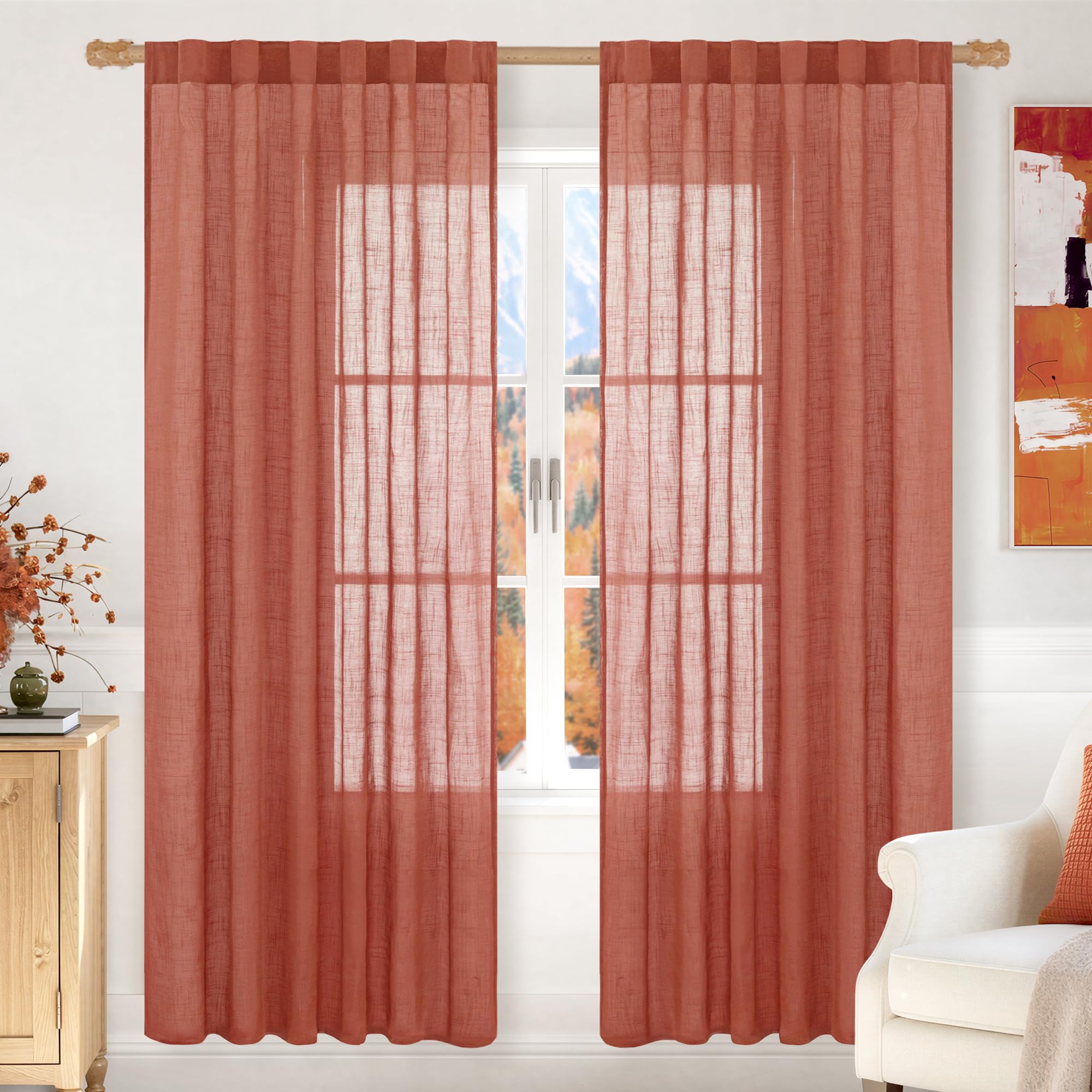 LAMIT Natural Linen Semi Sheer Curtains 84 Inches Long 2 Panels, Living Room Linen Textured Light Filtering Drapes Back Tab and Rod Pocket Neutral Window Panels for Bedroom/Sliding Door, 52 x 84 Inch — view 75