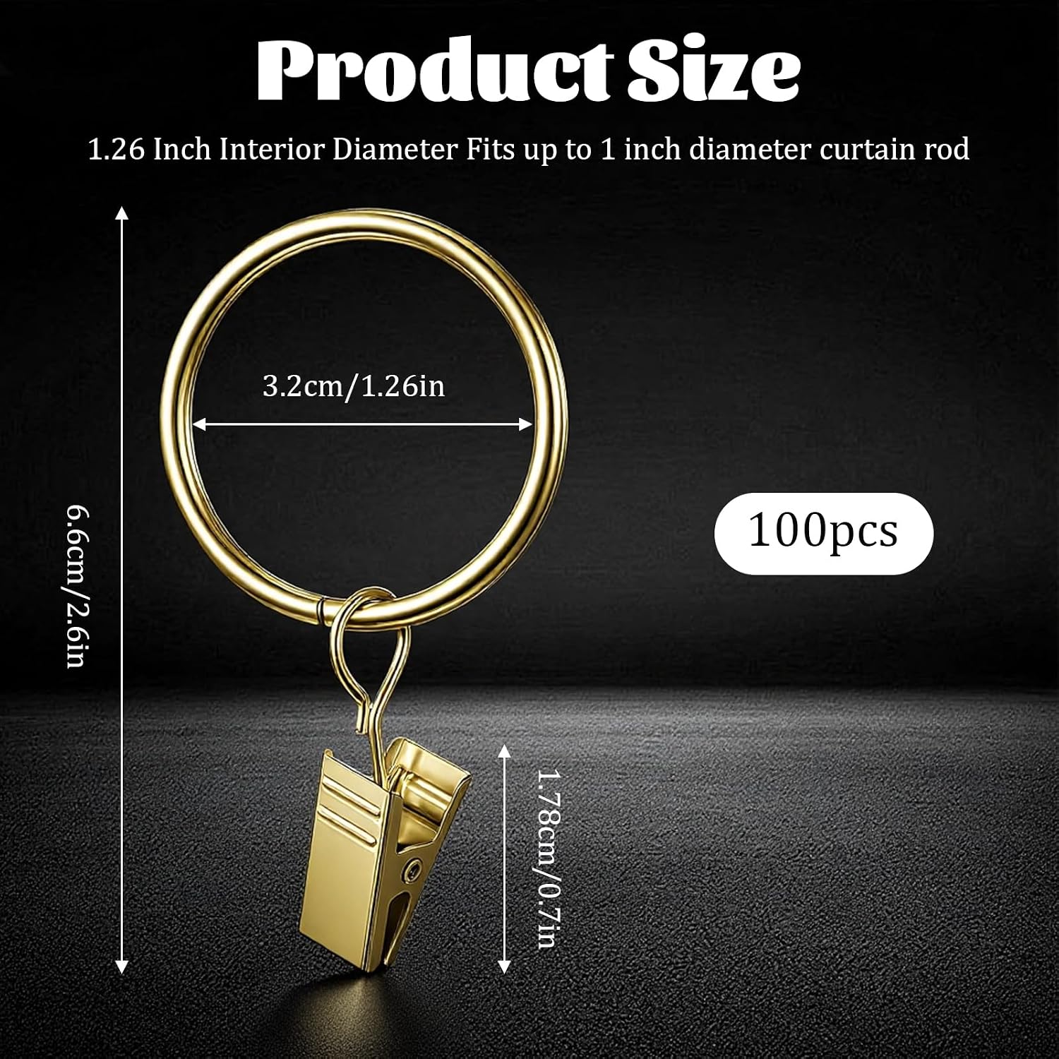 100 Pack Gold Curtain Rings with Clips, Curtain Clip Rings Heavy Duty Drapery Ring Decorative Curtains Rod Clips for Hanging Drapes Bows Hat, 1.26" Interior Diameter, Fits up to 1" Rods