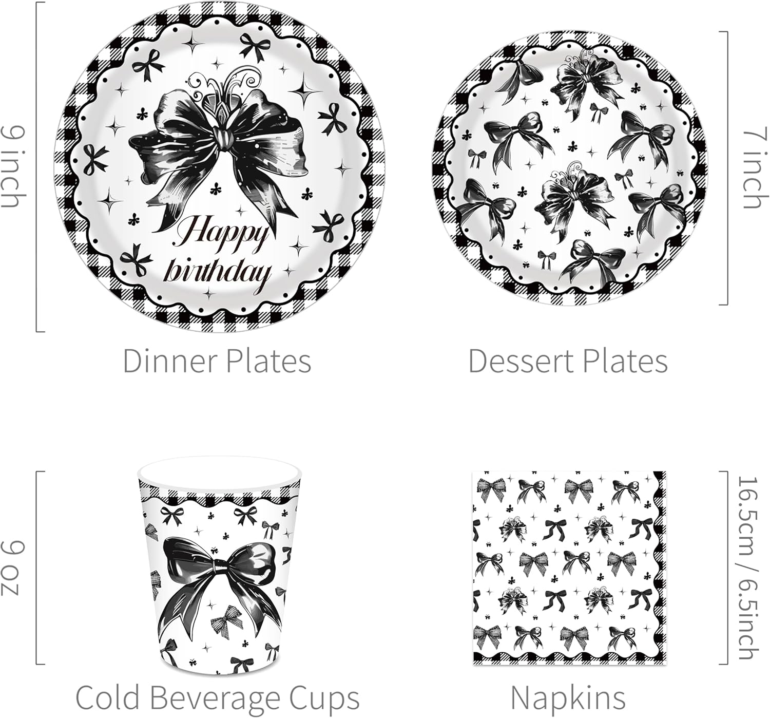 116 Pcs Black Bow Birthday Party Supplies 16 Guests Scalloped Bowknot Party Decorations Including Black Bow Paper Plates Dinner Plates Napkins Cups Set for Bachelorette & Themed Celebrations