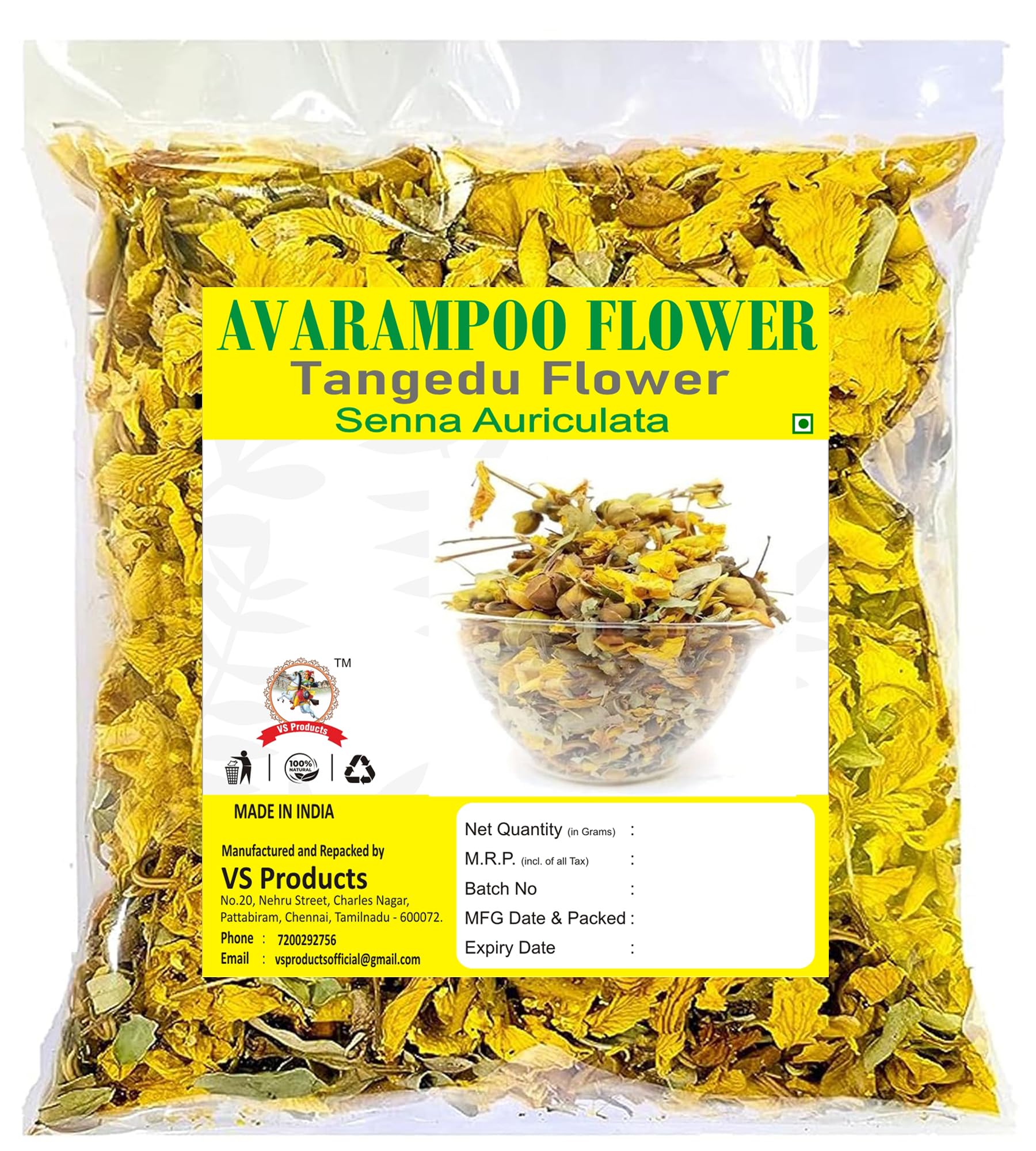 VS Products Dried Avarampoo Flower, 50g, Dry Avarampoo, Senna Auriculata, Tanners cassia, Tamgedu For Tea, Skin Hair Care and More (Pack of 1 X 50g)
