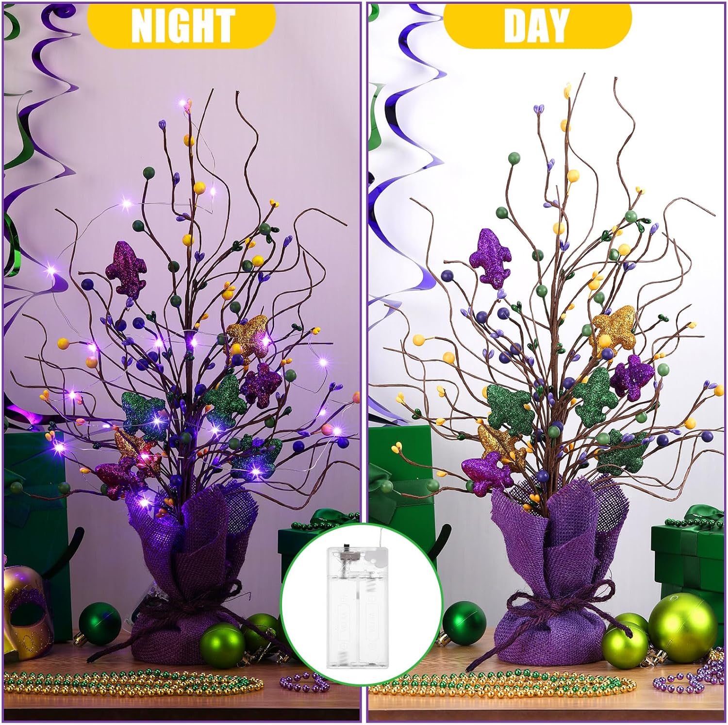 2 Pieces Lighted Mardi Gras Artificial Berry Blossom Table Tree 21 H Shinny Table Centerpiece Tree for Mardi Gras Day Holiday Decoration Home Decor Artificial Plants