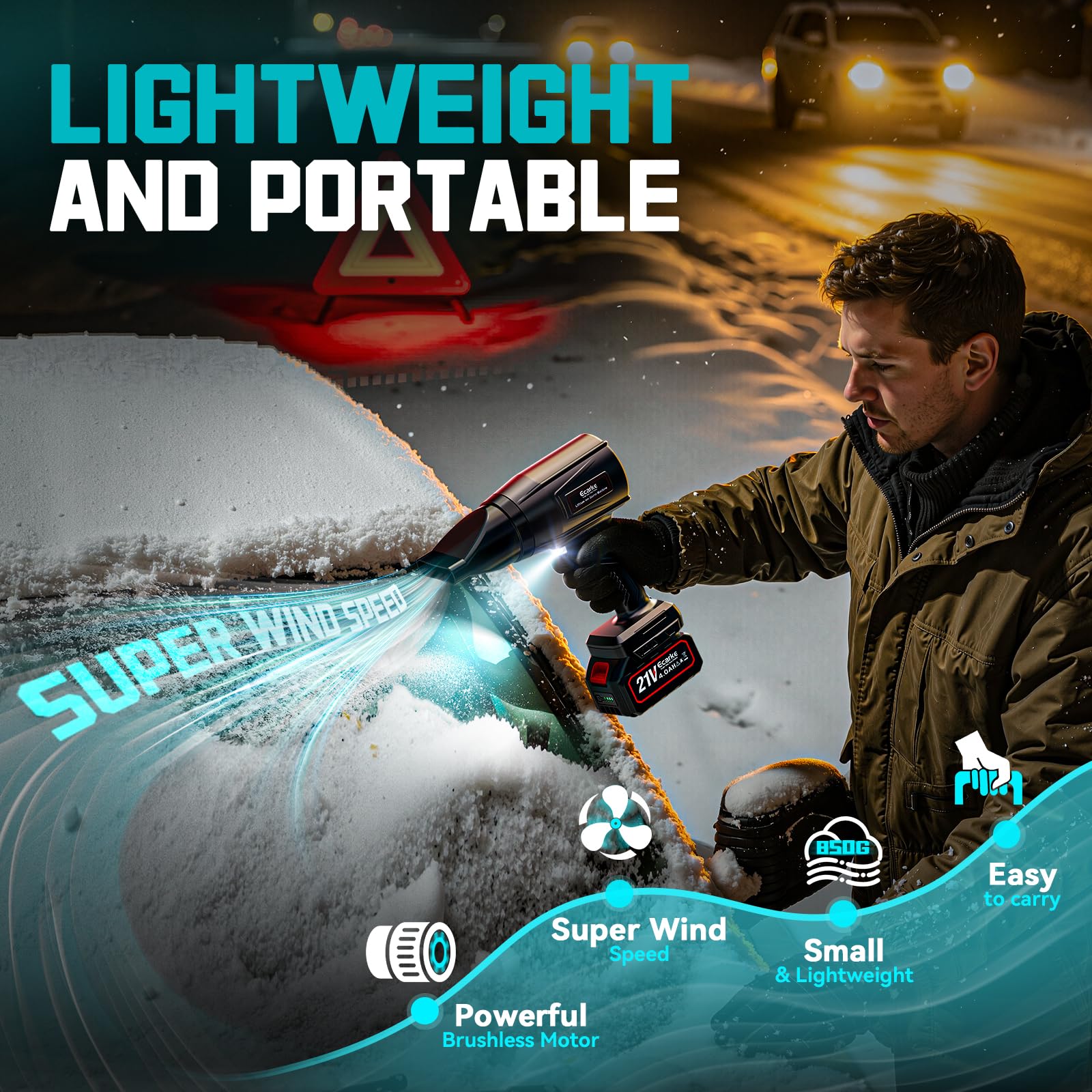 Ecarke Soplador de batería Turbo con 2 baterías de 4000 mAh, motor sin escobillas de 80.000 rpm, velocidad de aire de 60 m/s y 850 g de presión de aire, soplador de hojas portátil para eliminar hojas