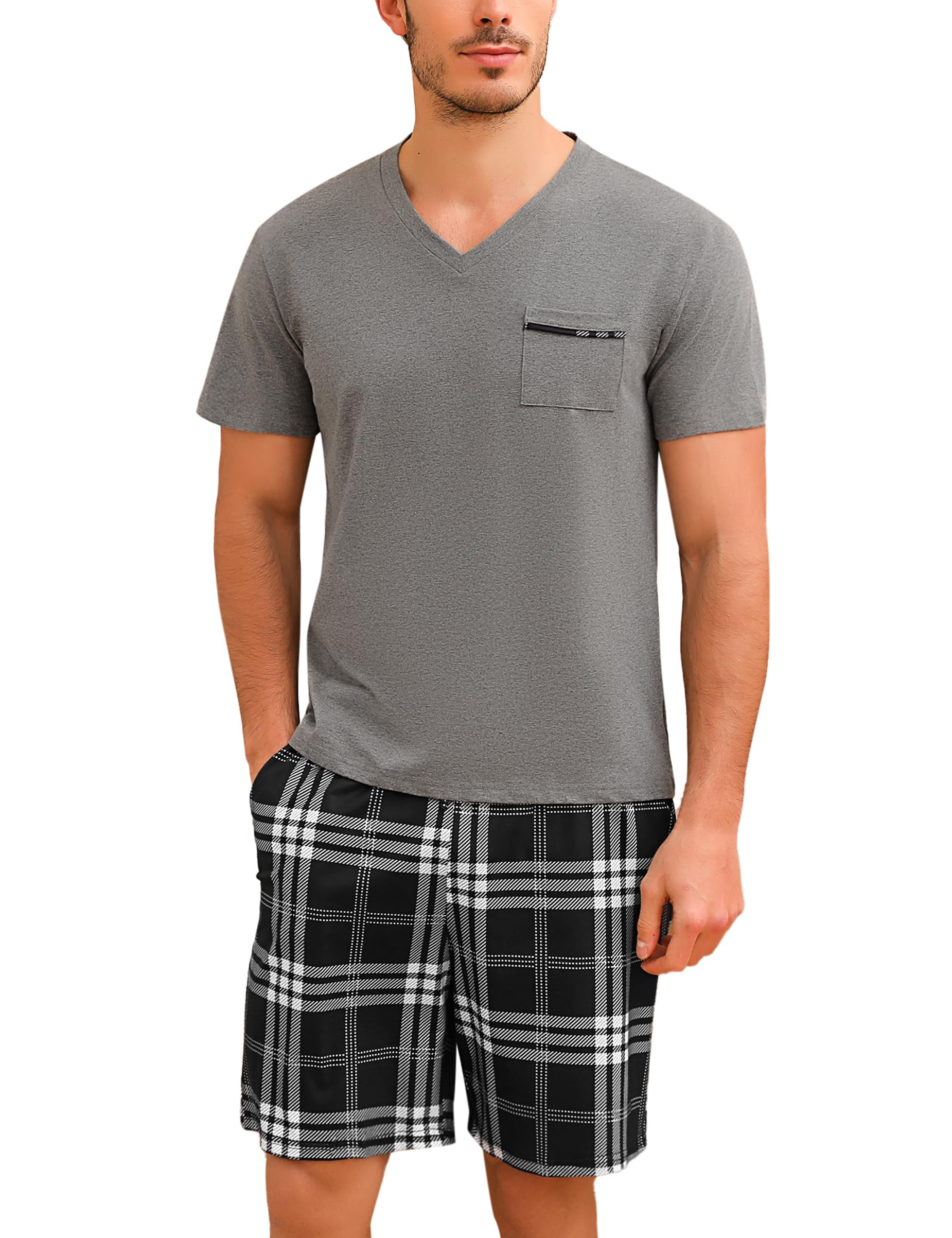 Bresdk Pyjama Herren Schlafanzug Kurz Baumwolle Sommer Set für Männer Nachtwäsche Kariert