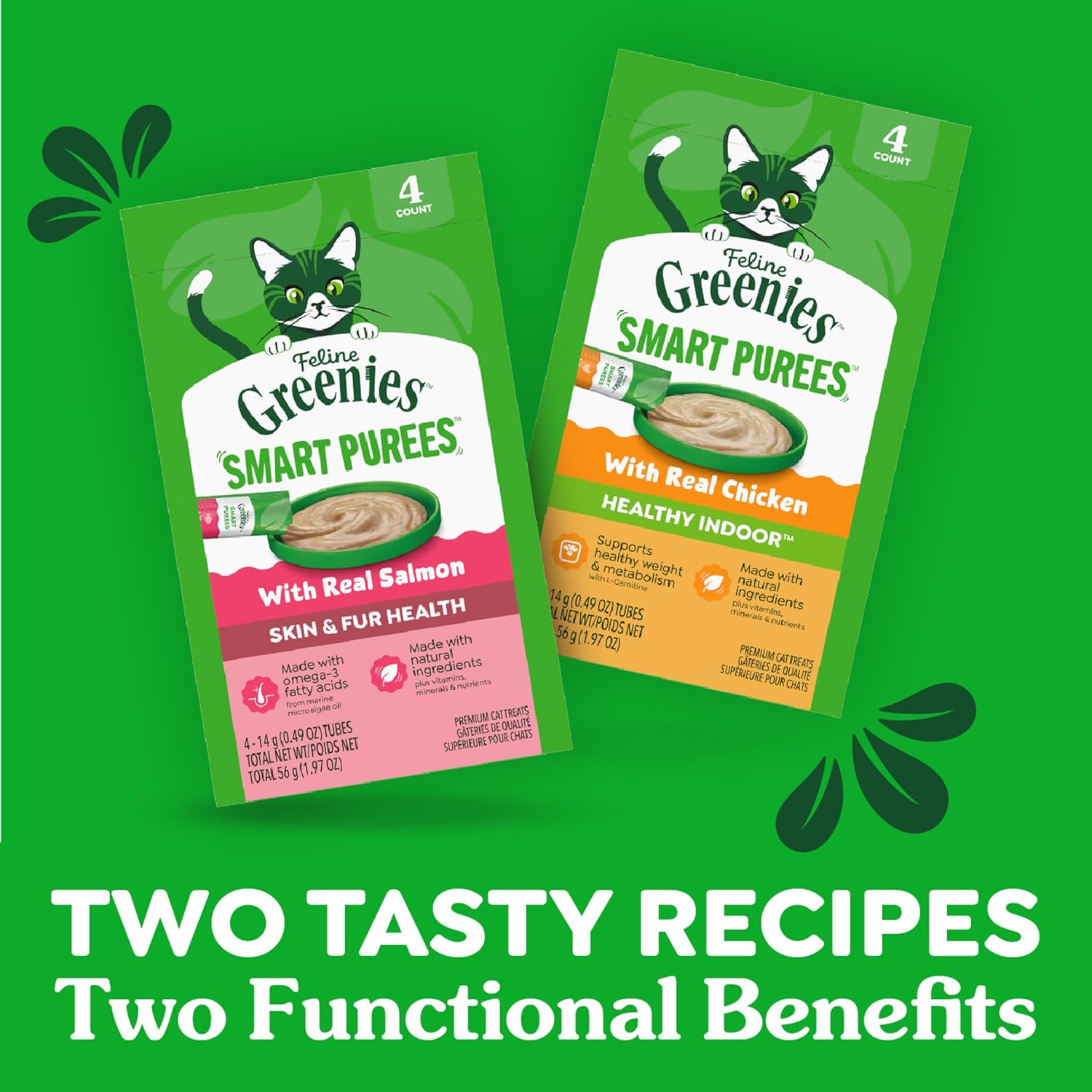 Greenies Feline Smart Purees Skin & Fur Health Lickable Cat Treats with Real Salmon, 0.49 oz. Tubes, 4 Count (Pack of 11)