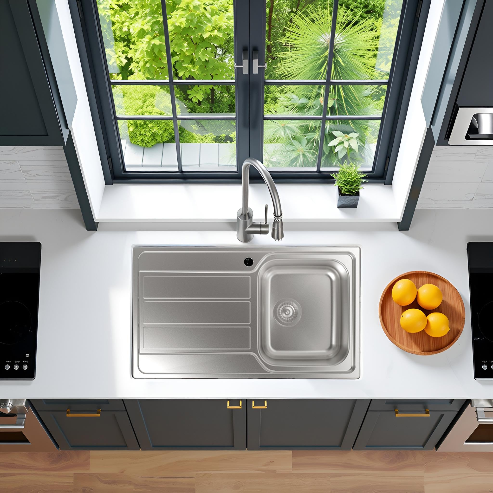 Cata Fregadero CDP-1 EI Sobre Encimera con Cubeta Cuadrada Escurridor Instalación Mueble 45 cm Base con Fondo Absorbente Accesorios Incluidos Acabado Acero Inoxidable