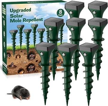 8 Pack Mole Repellent Solar Powered, Gopher Repellent Ultrasonic for Lawns, IP65 Waterproof Mole Deterrent for Yard, Outdoor Pest Control for Groundhog, Vole, Armadillo, Chipmunk, Snake