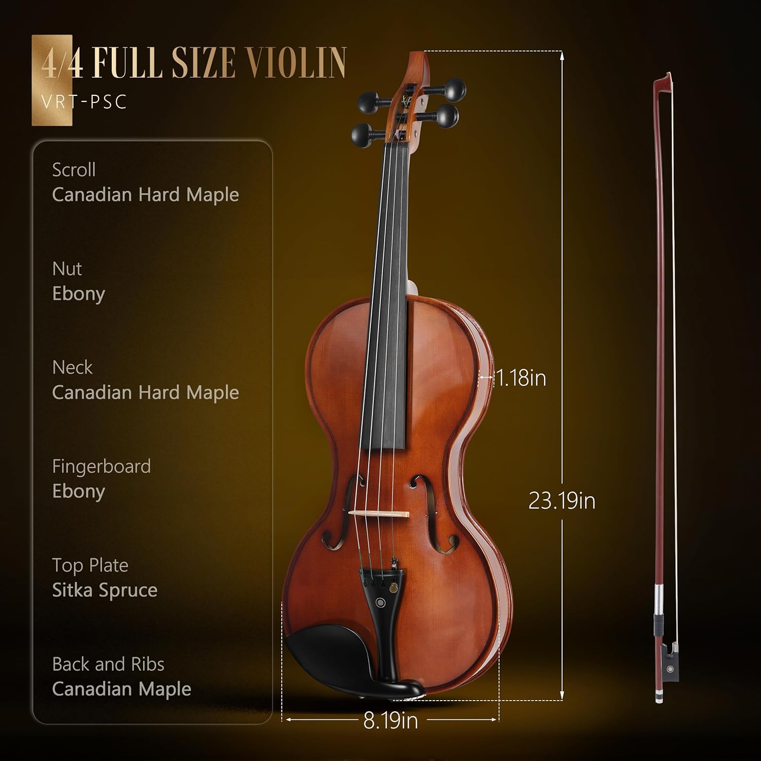 AKLOT Ergonomic Acoustic 4/4 Violin: Lesson Book, Solid Wood, Intermediate Beginner Glossy Fiddle, with Hard Case, Extra String, Bow, Shoulder Rest, Tuner, Fretboard Stickers, Full Size Adults Violen