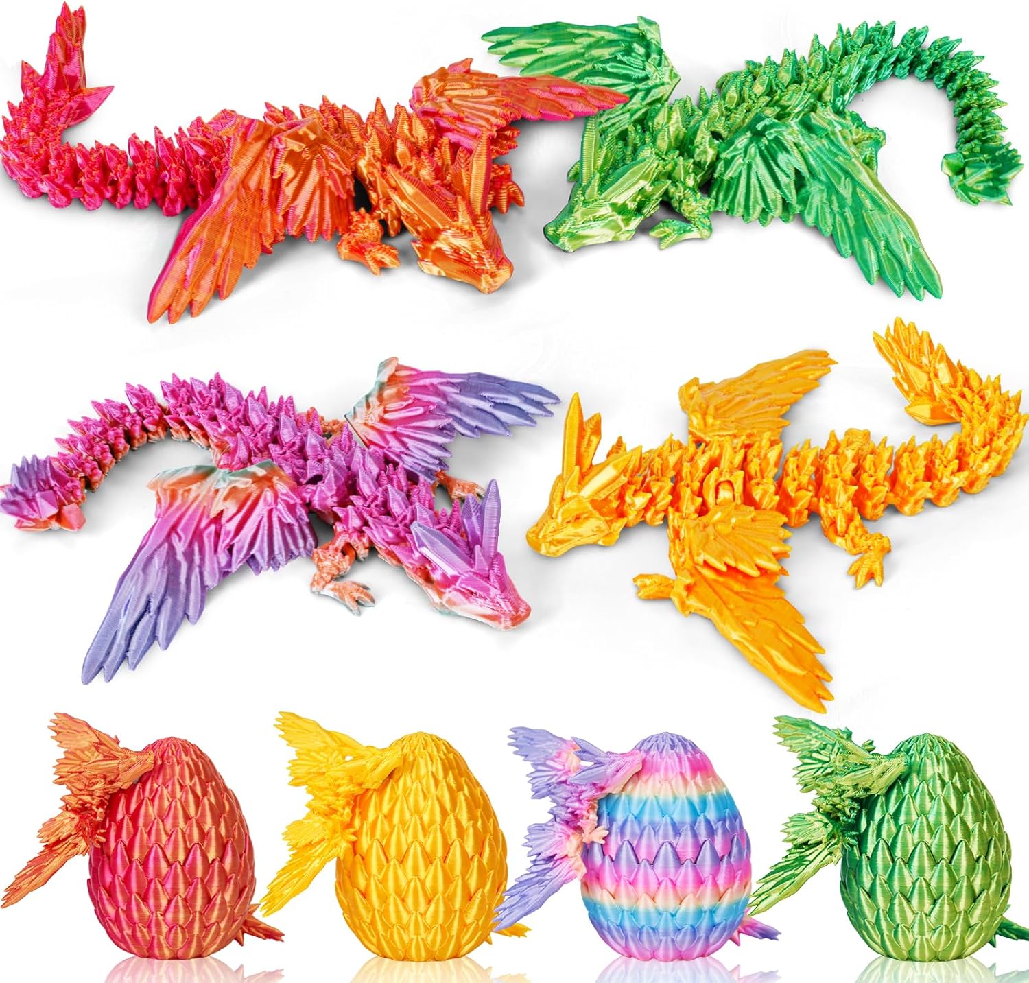 4PCS 3D Printed Dragon Eggs with Dragon Inside,Mini Easter Eggs Articulated Crystal Fidget Toys,Easter Basket Stuffers,Mystery Mythical Pieces (Style A-Wings)