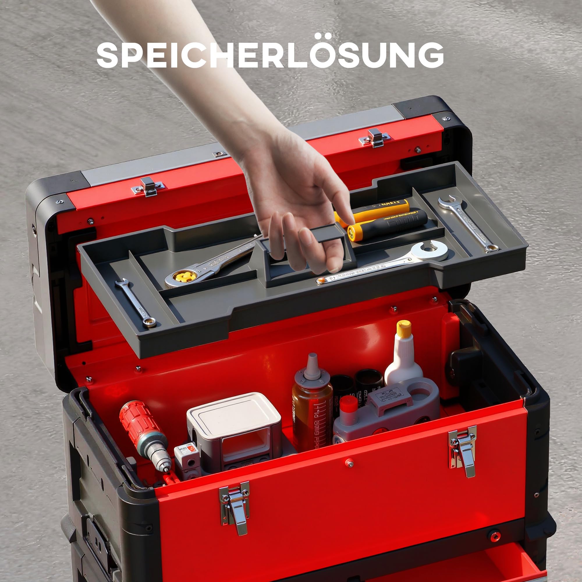HOMCOM Werkstattwagen Werkzeugwagen inkl. Koffer, 3 Module, Stahl Rot