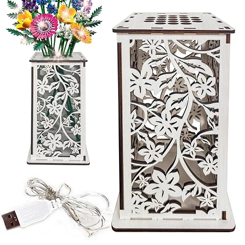 Wooden Vase for Lego Flowers ，Display Stand for Lego Flower, Cool vase with Hollow Flower Pattern，Gift for Flower Lovers (White) - White
