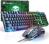 Gaming Keyboard and Mouse Set, 104 Keys UK Layout QWERTY Rainbow Backlit Keyboard, 2400 DPI 4 Buttons Colorful Mice, Comfortable MousePad, USB Wired, Compatible with Windows Mac PC PS4, Black