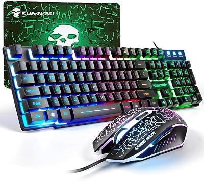 Gaming Keyboard and Mouse Set, 104 Keys UK Layout QWERTY Rainbow Backlit Keyboard, 2400 DPI 4 Buttons Colorful Mice, Comfortable MousePad, USB Wired, Compatible with Windows Mac PC PS4, Black