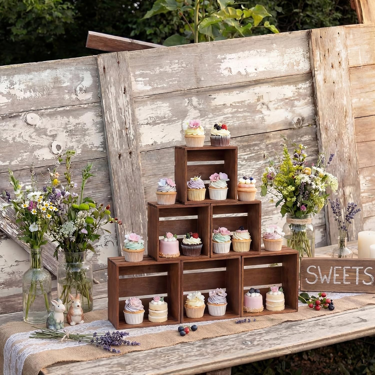 6 Pcs Rustic Wood Cupcake Stand Wedding Cupcake Display Crates Stackable Distressed Food Risers for Buffet Dessert Table Display,wedding,birthday party (Brown)