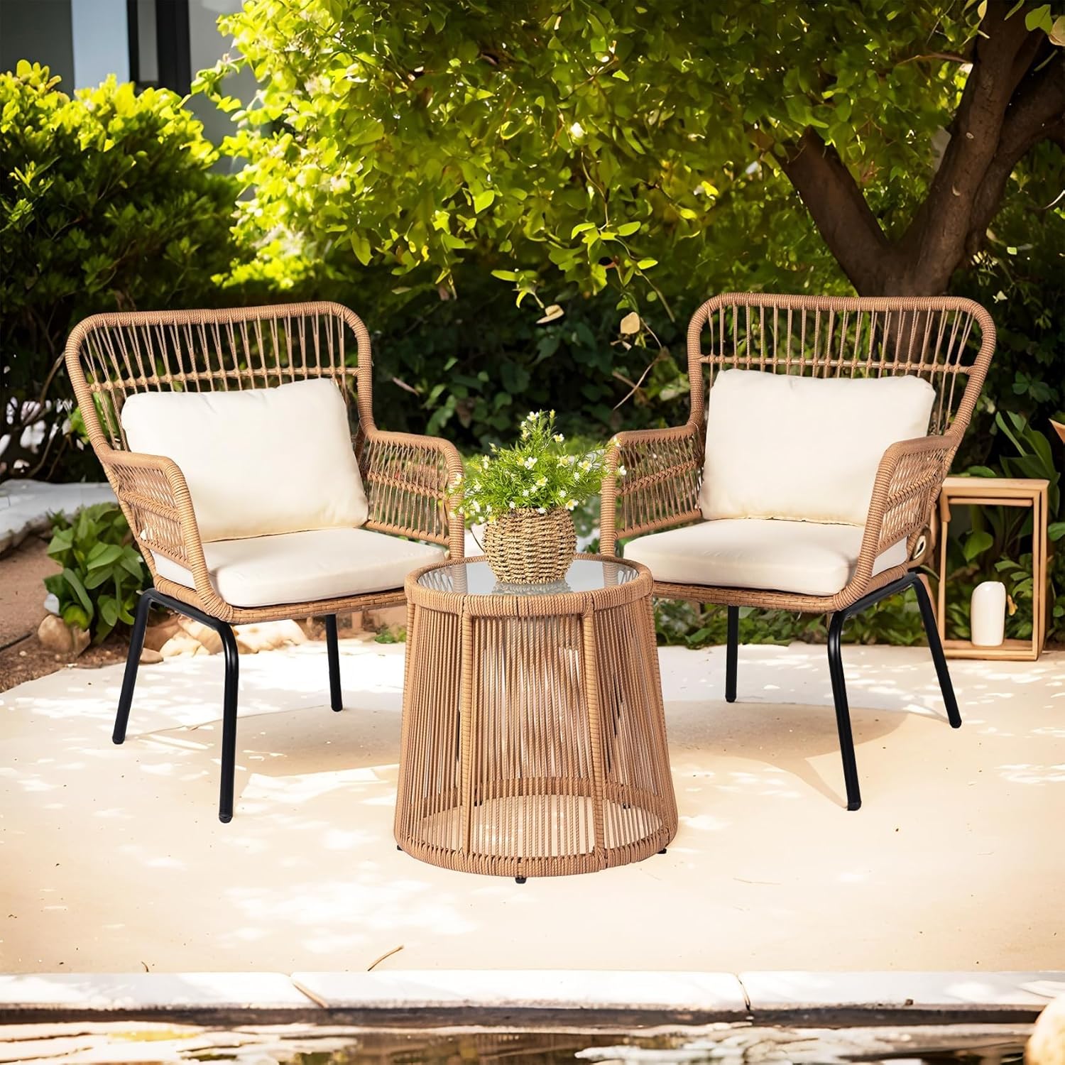 3 Piece Outdoor Wicker Furniture Bistro Set Rattan Chairs Conversation Sets Wicker Patio Furniture for Backyard Porch Balcony Poolside Garden(Black)