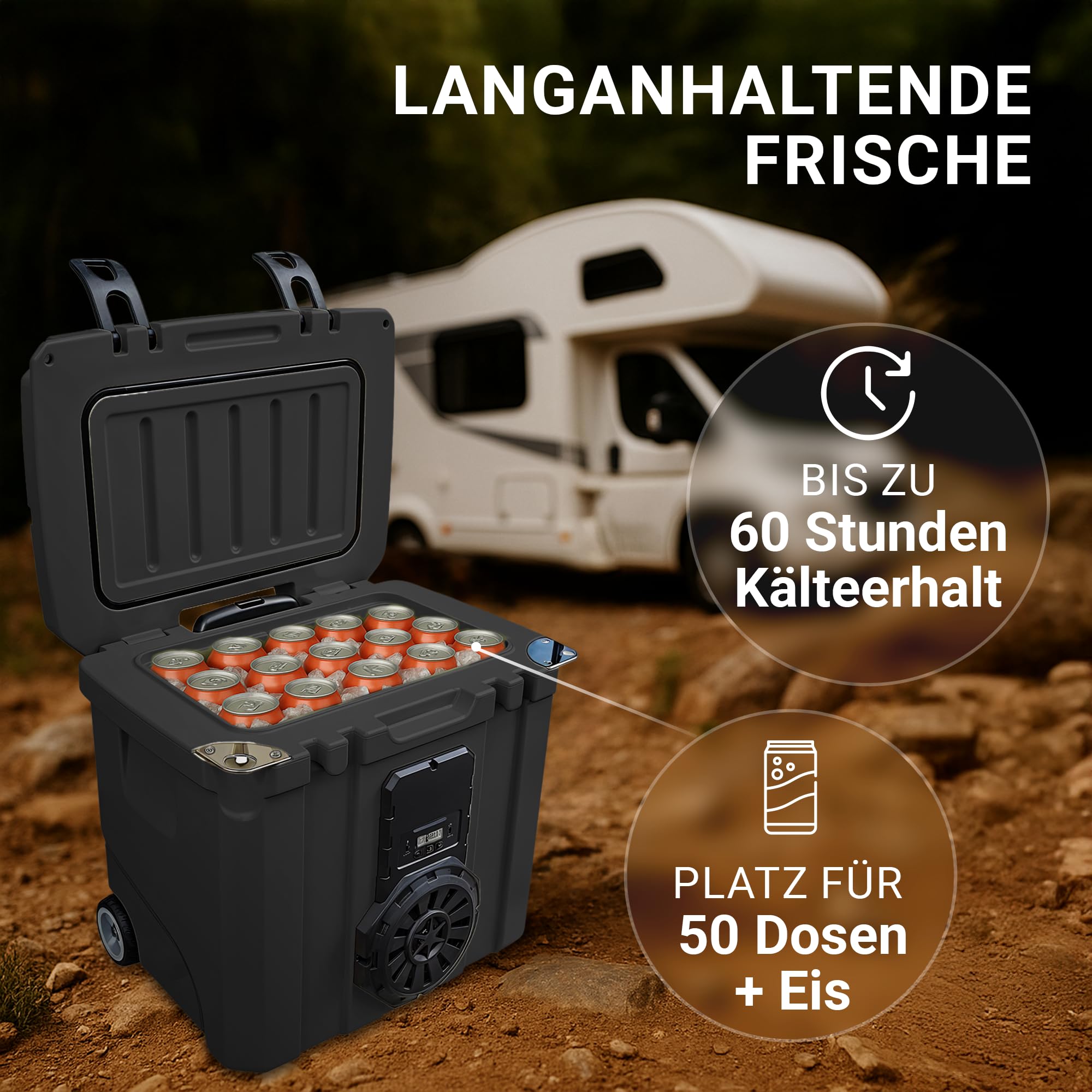 NooMii – Kühlbox mit Akku USB-Anschluss, Massiver Bluetooth-Lautsprecher, IPX4 wasserdicht Thermobox, bis 60h Kältehaltezeit; Mobile Camping-Kühlbox & Bluetooth-Speaker