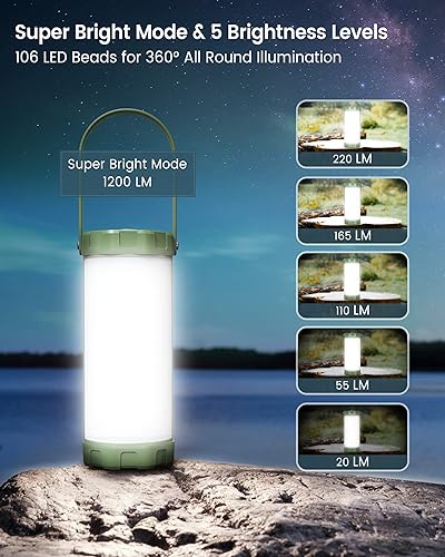 Miniatura 2 de Glocusent Linterna LED de campamento para emergencia, linterna de 160 LED con 1200 lm, 3 colores x 5 brillo con SOS, IP68 impermeable, 5000 mAh