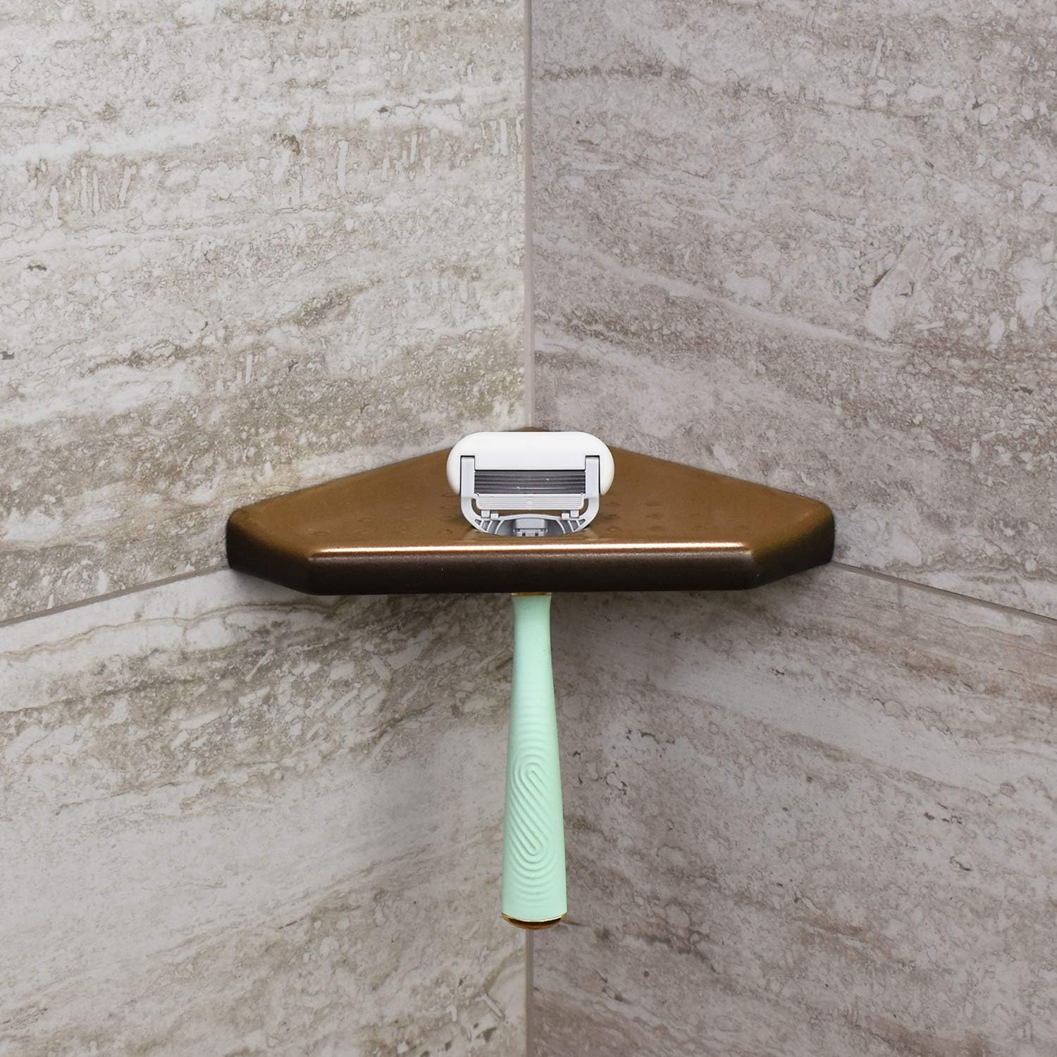 Questech 5" Corner Shower Footrest, Retrofit Shaving Shelf for Inside Shower, Bathroom Storage Corner Caddy Organizer, Geo Flatback, Gold Finish image 2