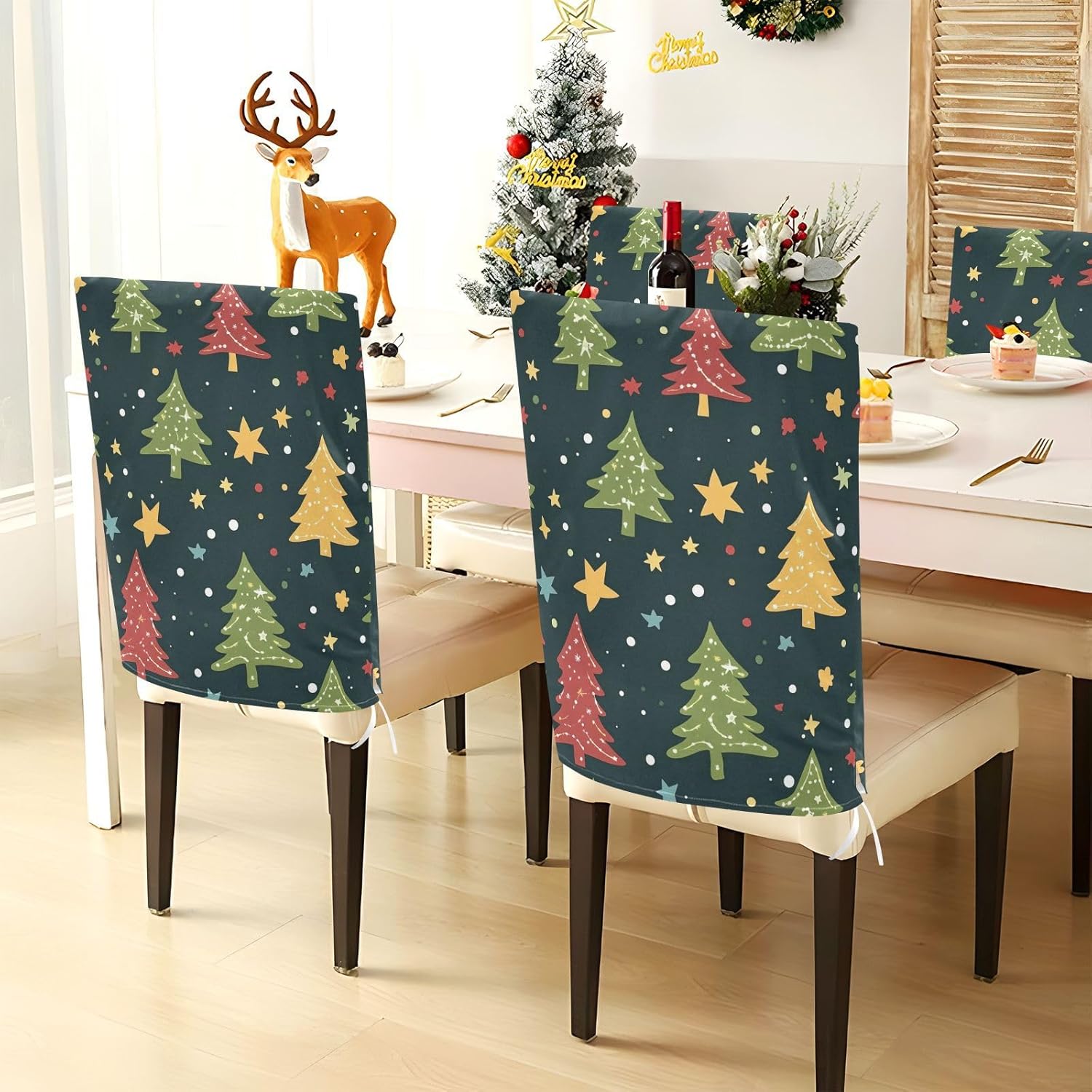 ALAZA Christmas Trees Stars Chair Back Cover Set of 6, Washable Reusable Removable Chair Slipcovers Decorative Chair Cover for Home Kitchen Wedding Party