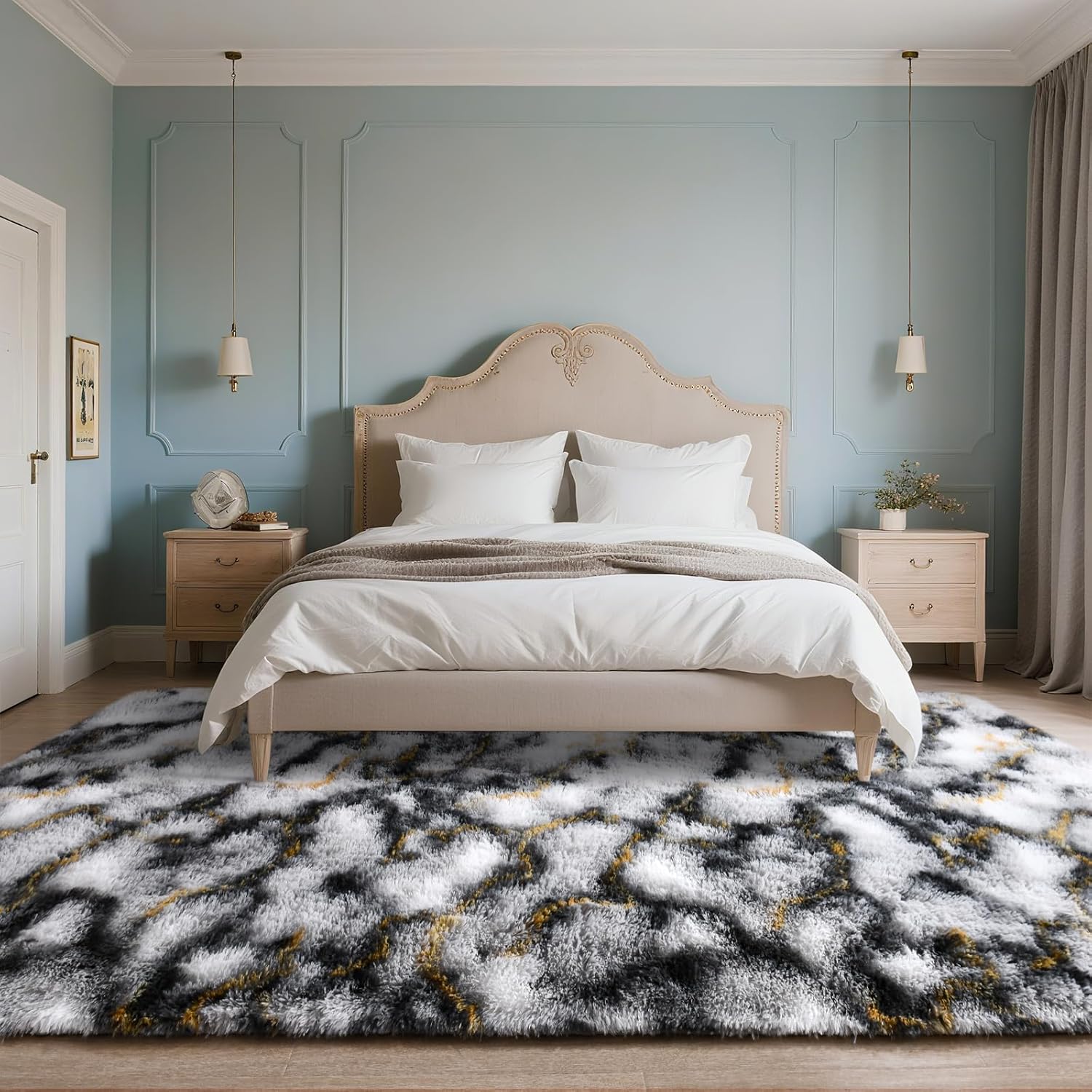 DweIke Fluffy Black White Gold Rugs for Bedroom Living Room, 4x6 Feet Soft Plush Shaggy Tie-Dyed Girls Boys Kids Rug, Upgraded Non-Slip and Machine Washable Carpet for Dorm Nursery Classroom Decor - Image 4