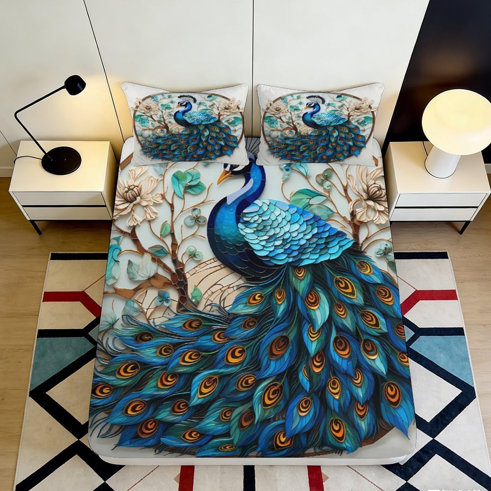 Dhbaneiok Style-5 3D Printed Peacock Art Fitted Sheet Microfiber Soft Anti-Slip Mattress Cover For Bedroom Guest Room Decor Dorm Use 90X200x25cm