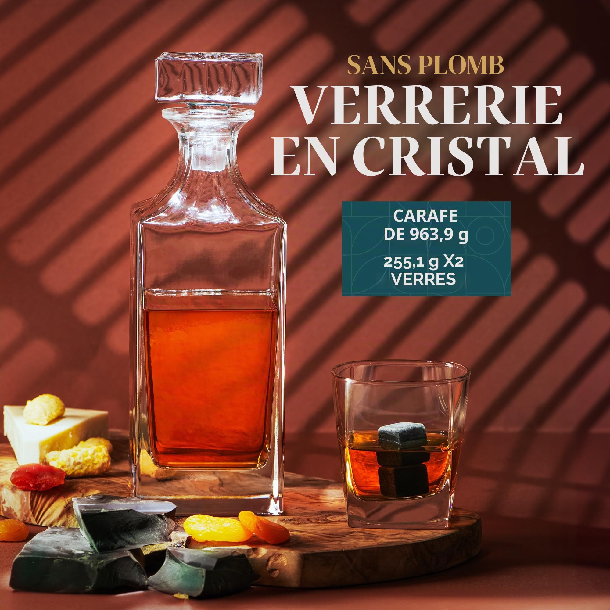 Coffret Whisky Cadeau – Verres, Carafe, Glacon Pierre Reutilisable, Dessous de Verre, Pinces à Glace, Boîte en Bois, Cartes Recettes, Sac en Velours – Service a Whisky pour Homme de Royal Reserve…