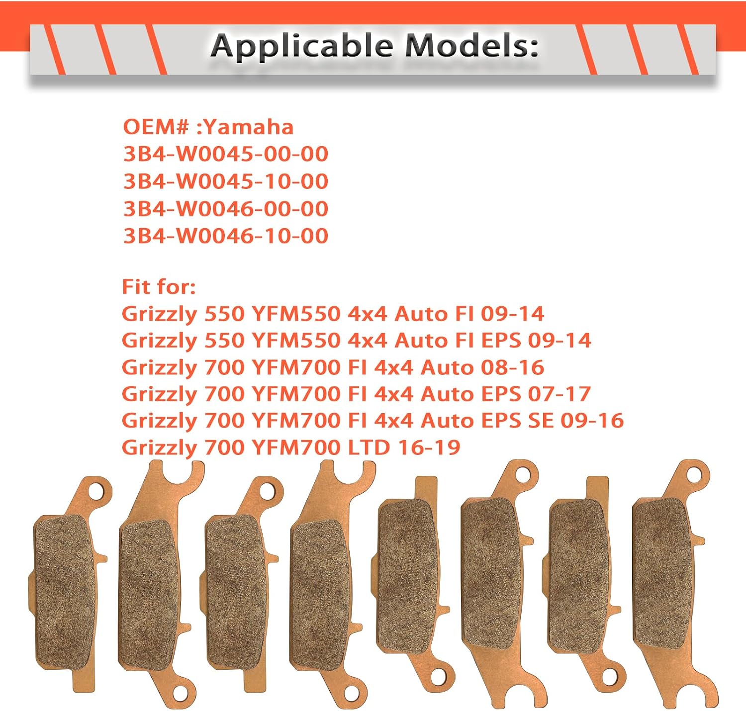 Sintered Brake Pads for Yamaha Grizzly 700 YFM 700 07-24 Grizzly 550 YFM 550 09-14, Kodiak 700 YFM700 16-24, Replaces OEM Part NO.# :3B4-W0045-00-00/10-00, 3B4-W0046-00-00/10-00 Front Rear