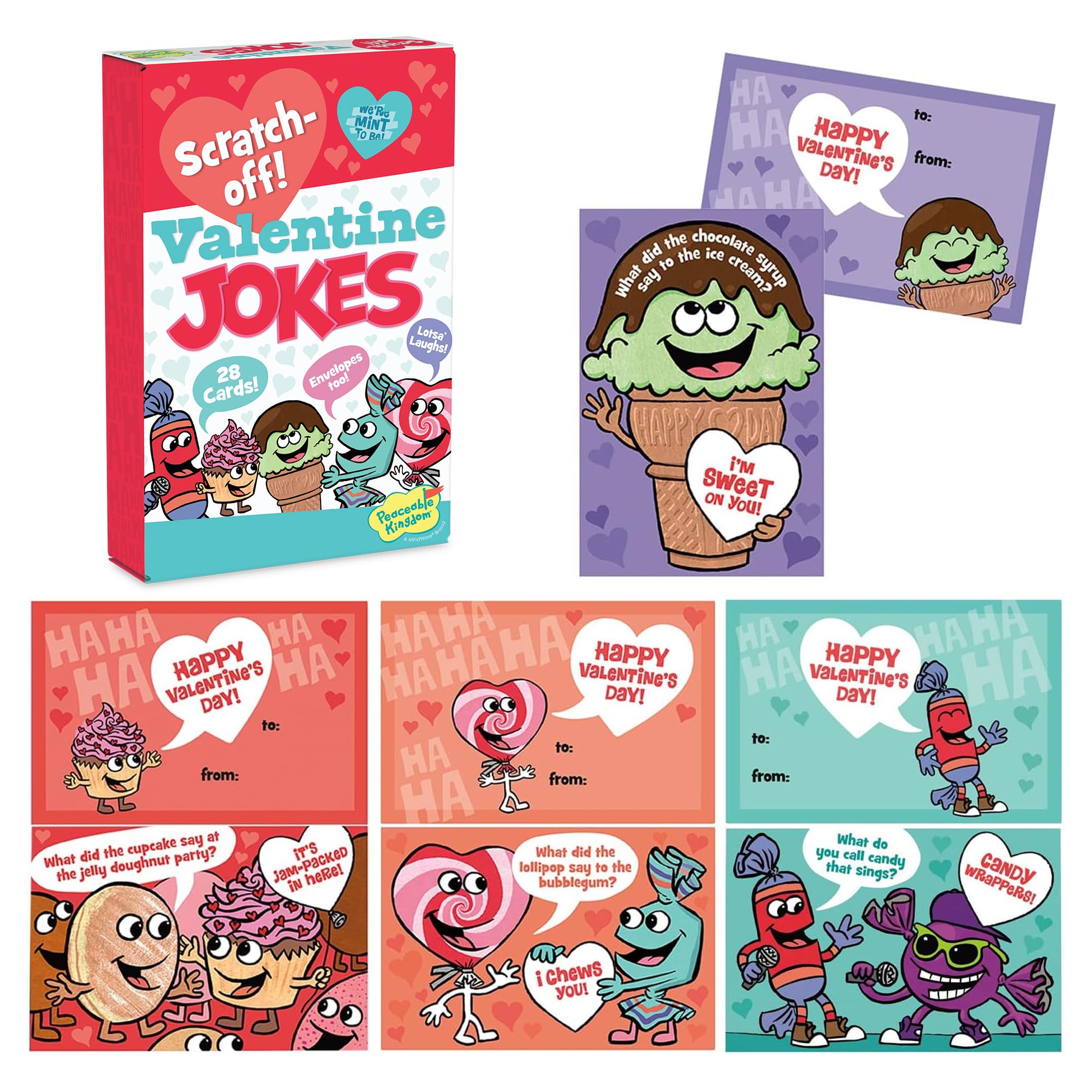 Peaceable Kingdom Valentines Cards for Kids Classroom, Set of 28 Valentines Day Gifts - Scratch off Jokes