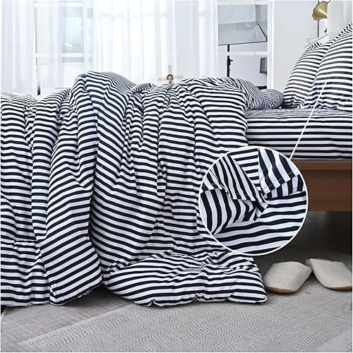 ressber Juego de edredón a rayas para todas las estaciones, suave y transpirable. (matrimonial, negro)