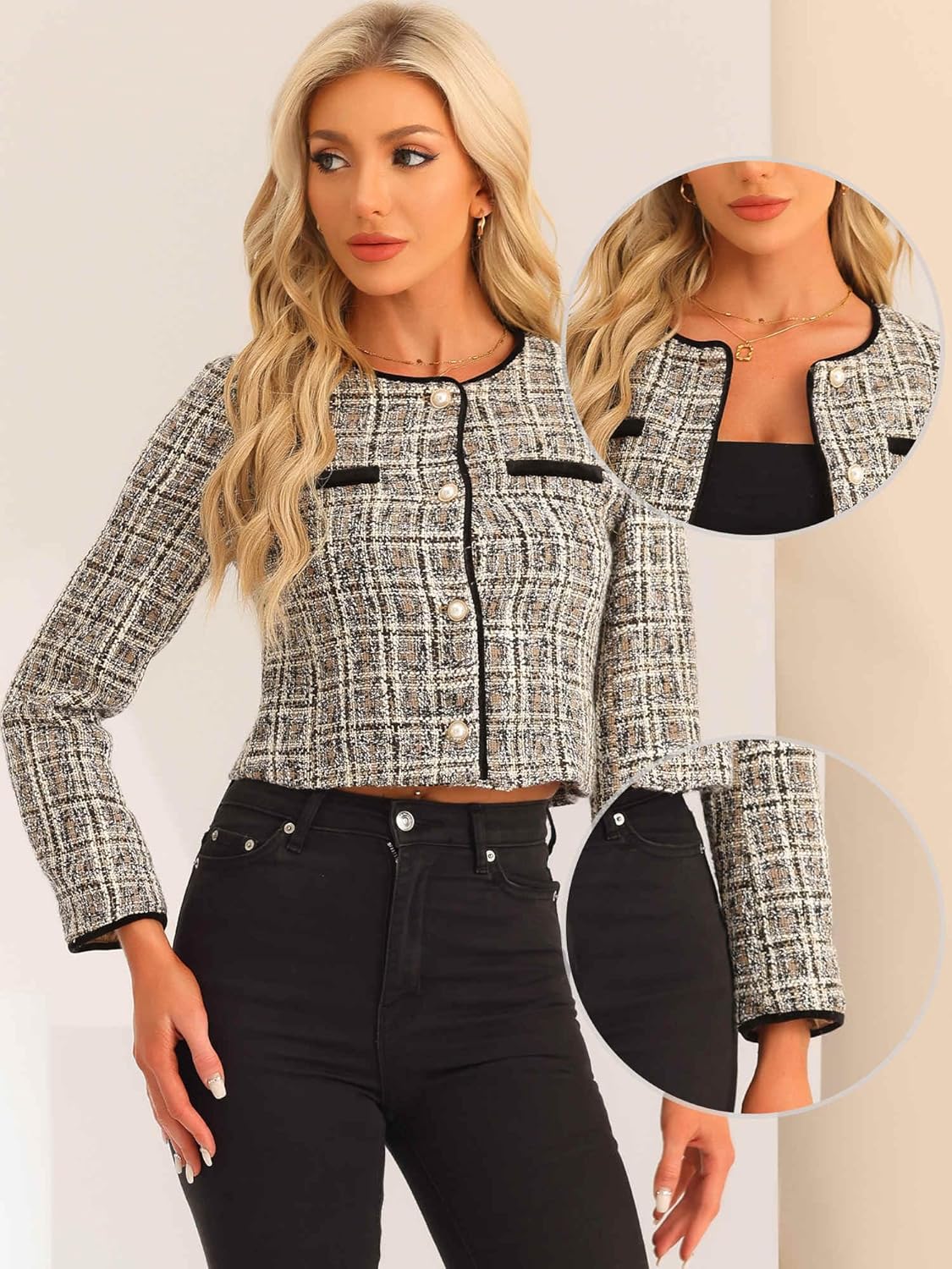 Allegra K Tweed Jacket for Women's Long Sleeve Casual Work Office Plaid Short Outwear - Image 2