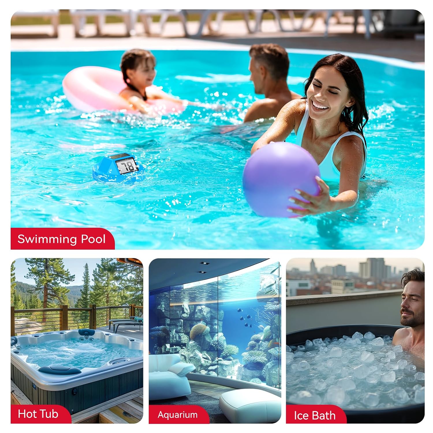BaldrTherm Floating Pool Thermometer, Swimming Pool Thermometer Digital Solar, High Accurate, Anti-Fog Dual-Sided Display Screen (Light Blue)