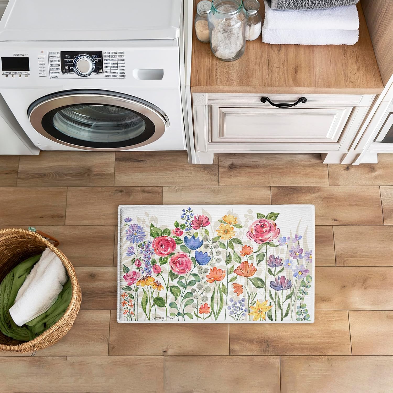 Stupell Industries Springtime Wildflower Blossoms Plush Bathroom Mat & Bath Rug, Soft Quick-Dry Non-Slip Bathroom Rug with Recycled Foam Cushion, Modern Botanical Floral Design by Jenny FAW, 18"x30"
